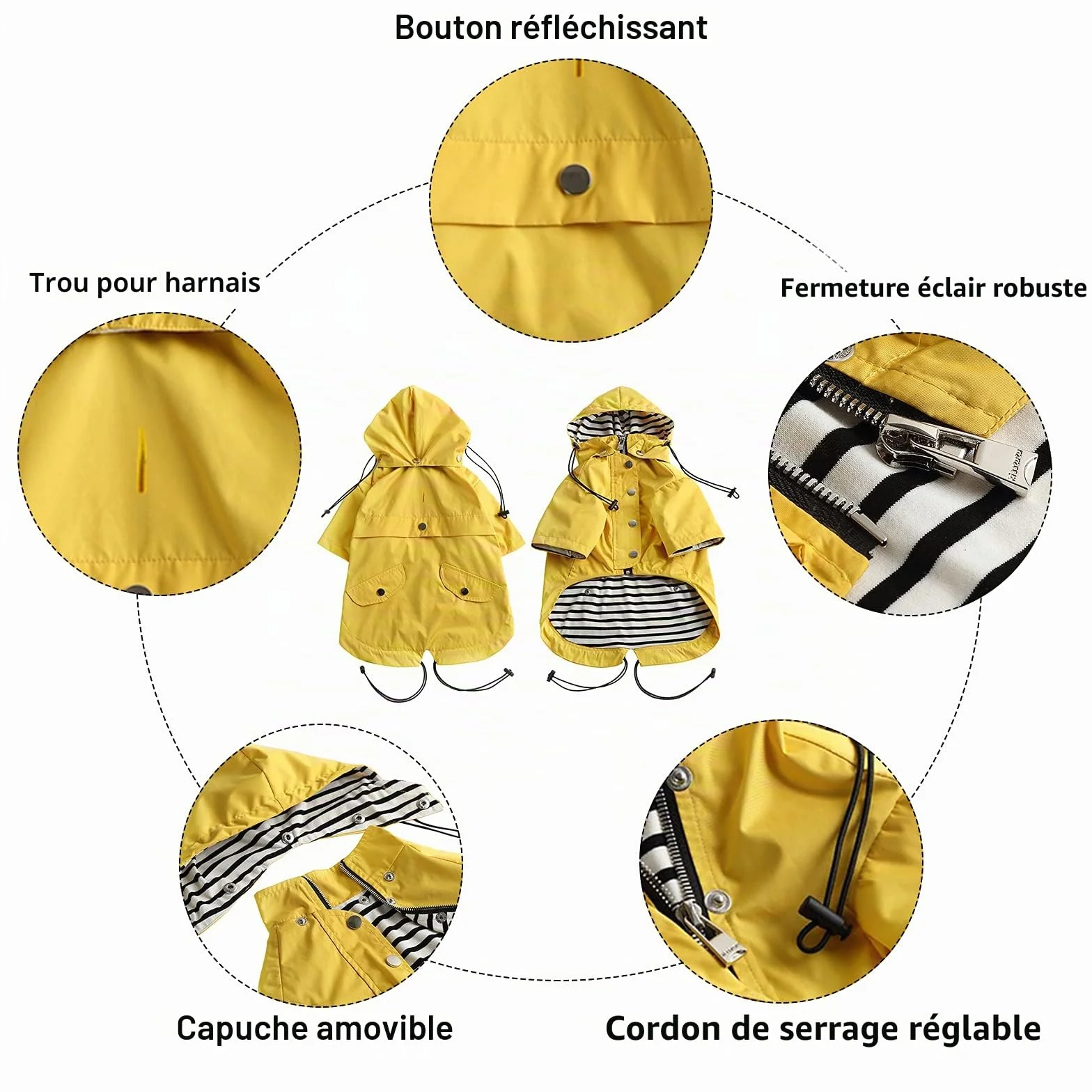 MOREZI Imperméable pour Chien avec Boutons et Fermetures éclair réfléchissants, Capuche Amovible, Jaune