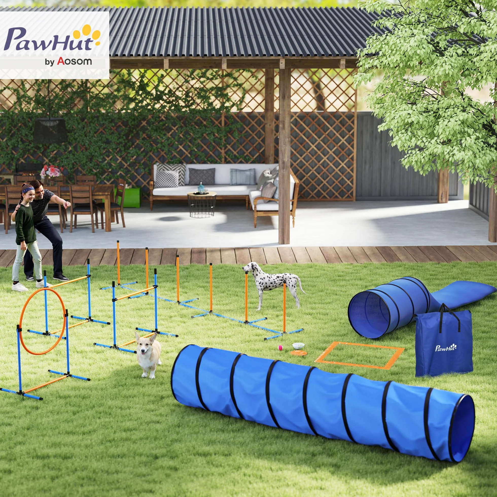 PawHut Ensemble d'Agilité pour Chien 11 Pièces avec 2 Tunnels, Sauts Ajustables, Anneau, Piquets, Zone de Pause, Sac de Transport