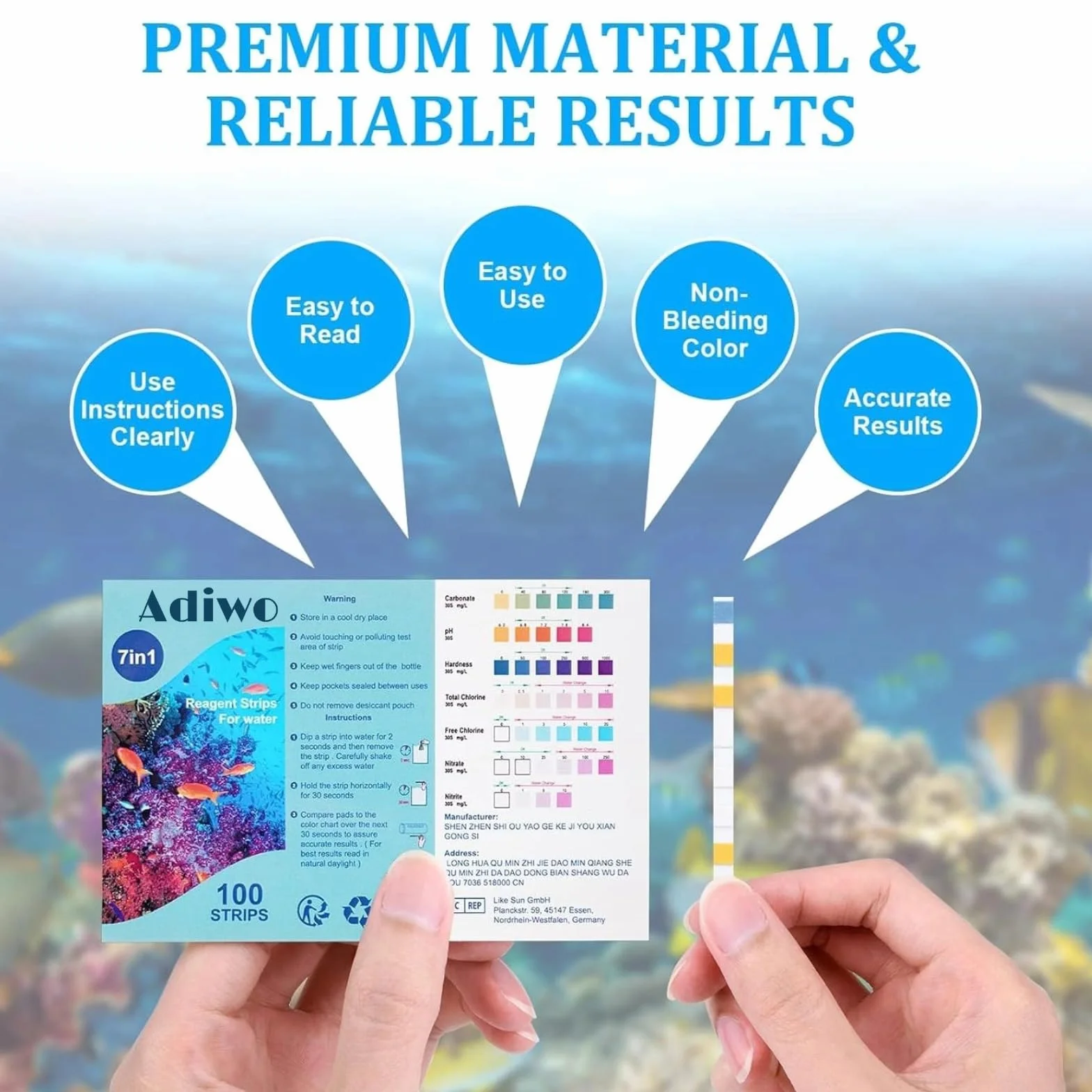 Bandelettes de Test d'Aquarium 7 en 1, 100 Bandelettes de Test Eau Dureté Totale, Alcalinité, Carbonates, Nitrates, Nitrites, Chlore Libre pH, Cuivre Test Rapide