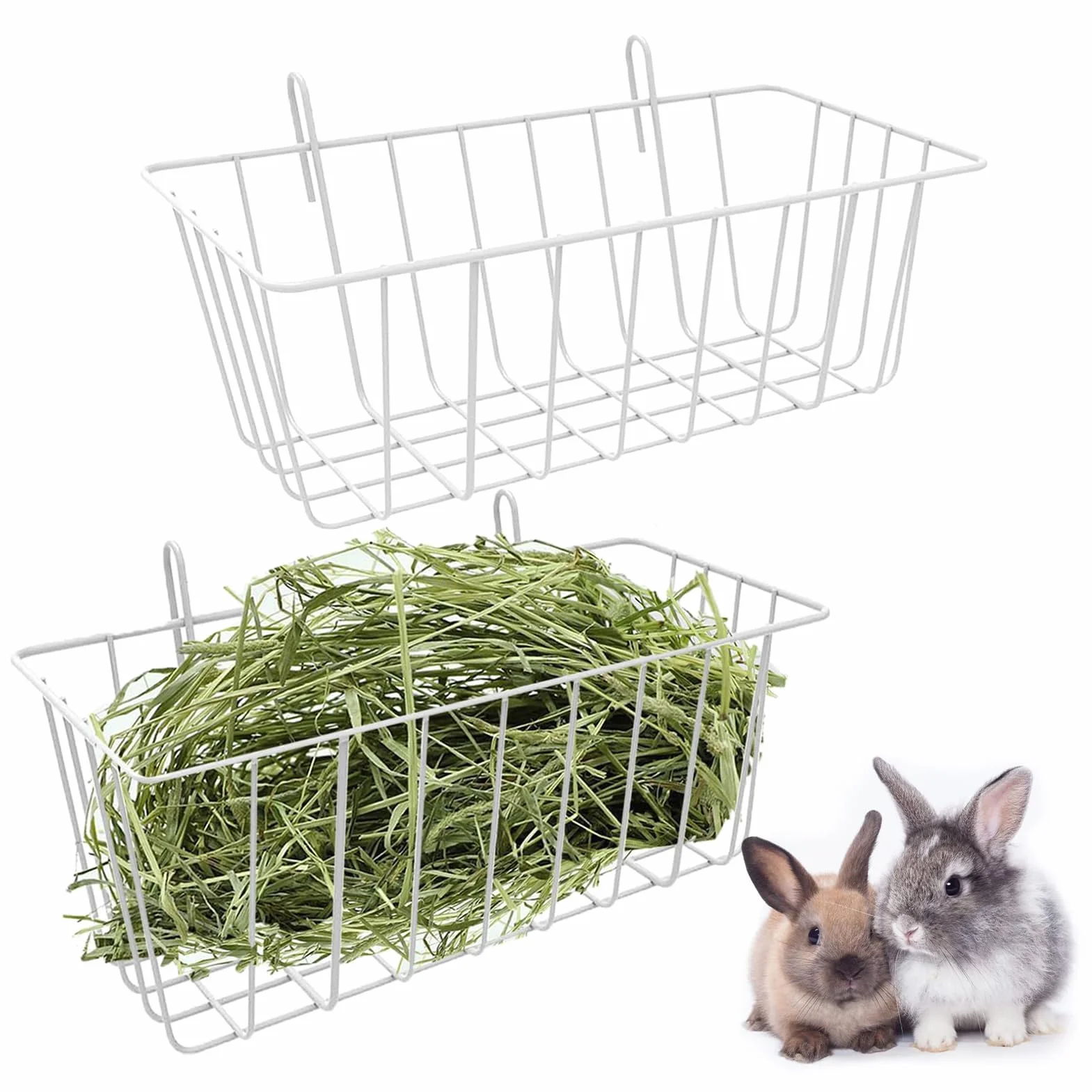 Lot de 2 mangeoires à foin en métal à suspendre pour lapin, blanc