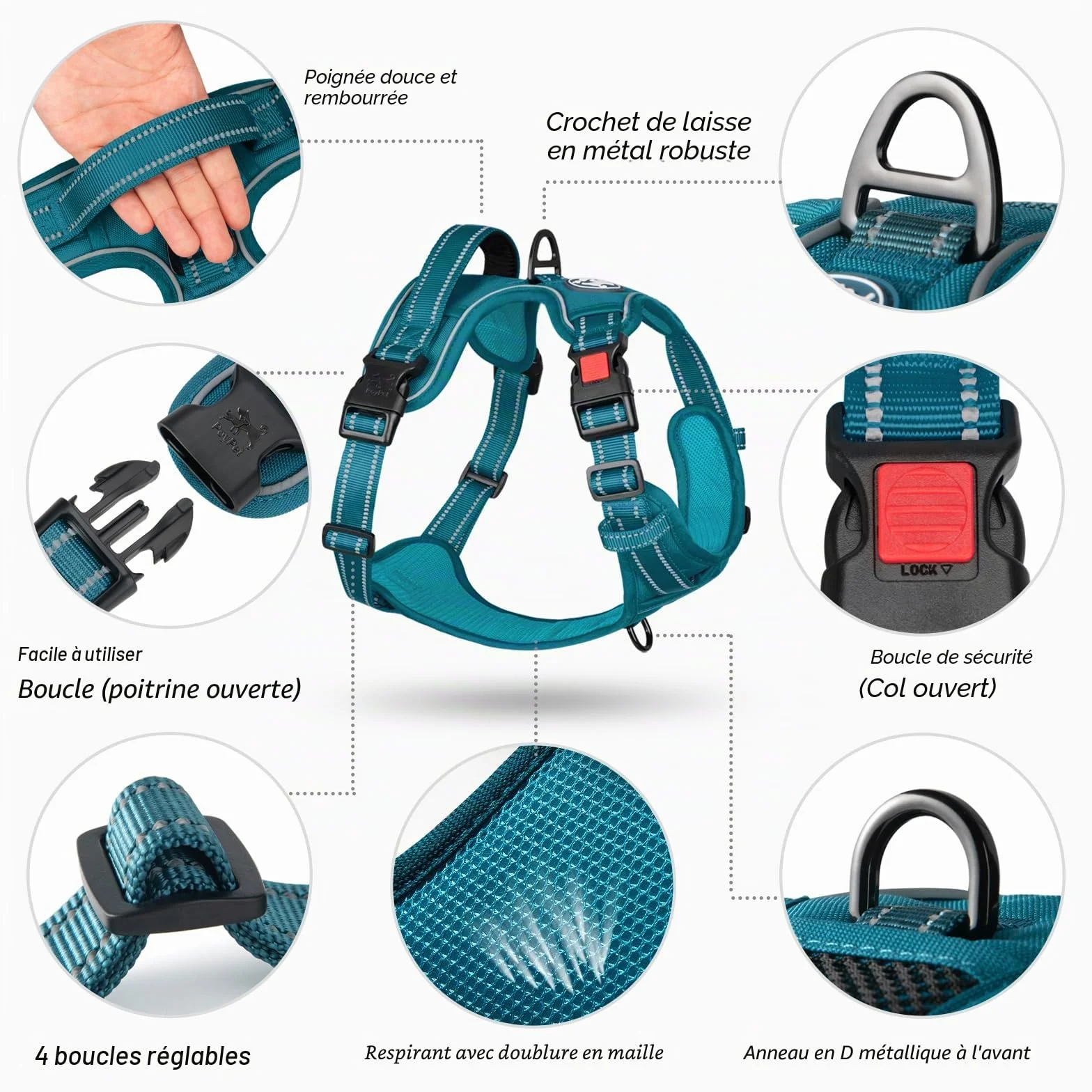Poypet Harnais pour Chien Réfléchissant Gilet Réglable Doux Poignée Easy Control Bleu Sarcelle Taille S