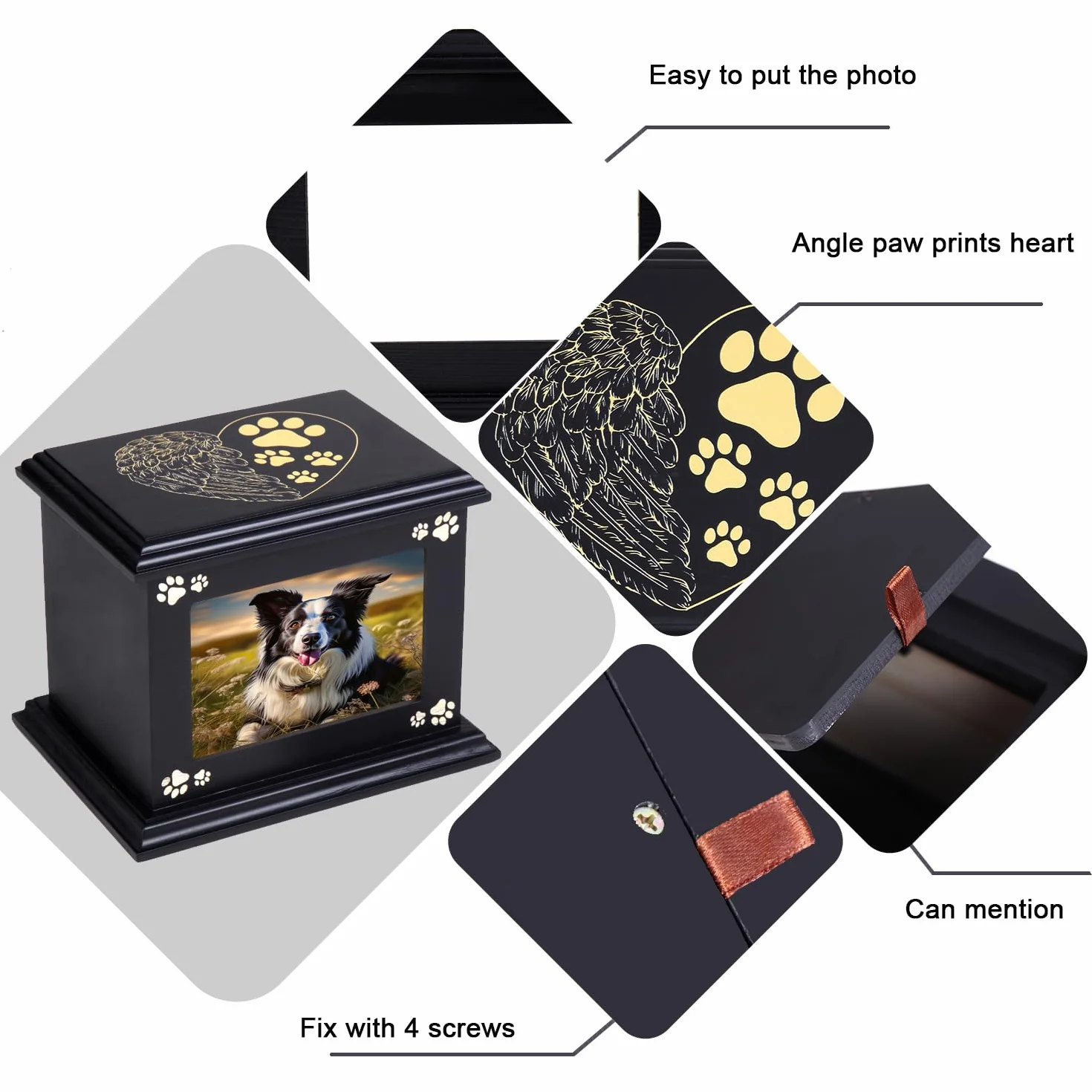 Urne funéraire en bois pour animaux de compagnie Doggy Memorial 40 avec cadre photo noir