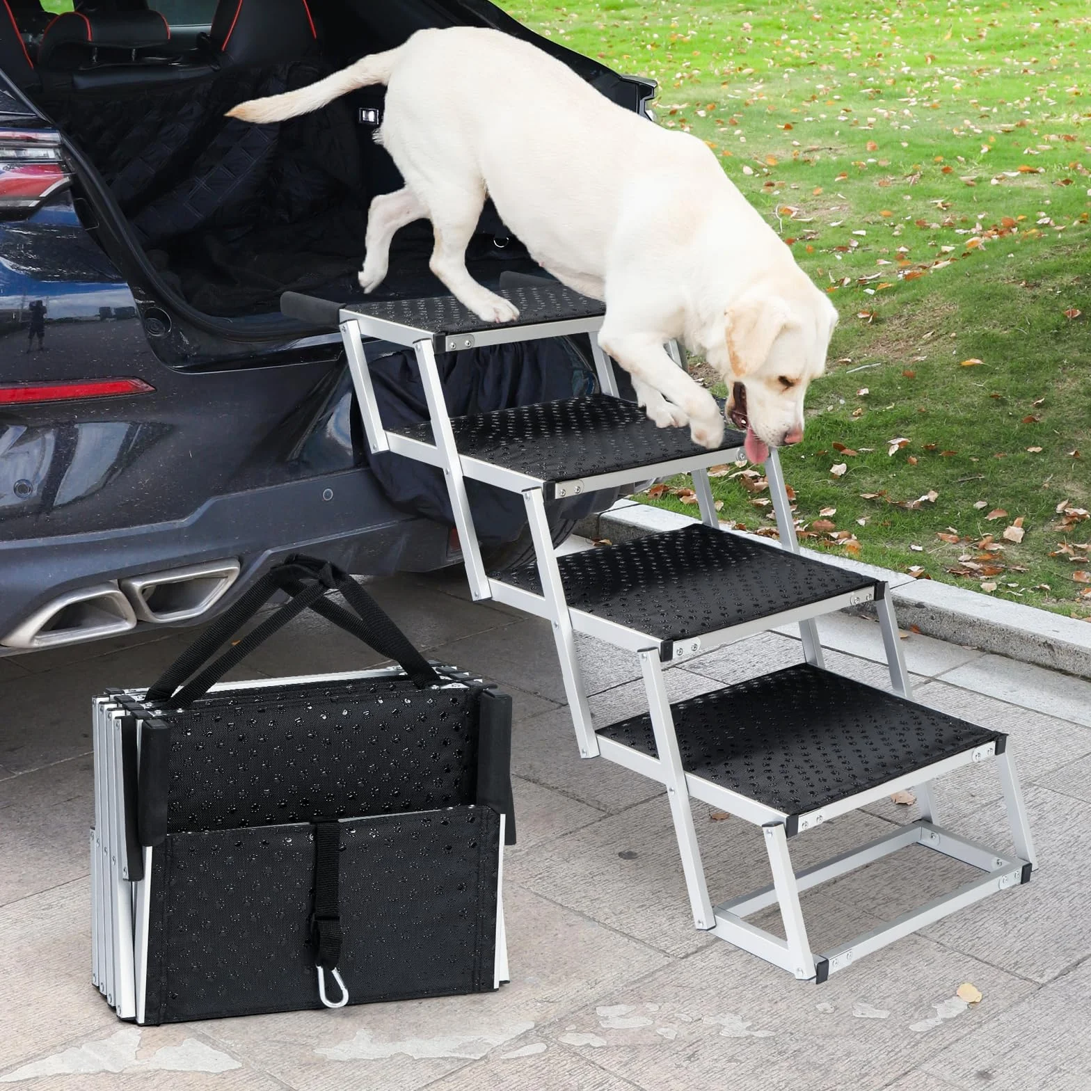 Uross Escalier pour Chien pour Voiture 4 Marches - Rampe d'accès Pliable pour Voiture et SUV, Rampe d'accès en Aluminium pour Grands Chiens, Escalier Télescopique pour Camion, Lit Haut