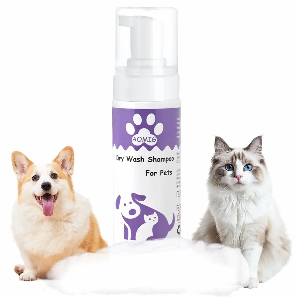 Aomig Shampoing Sec Chat Chien 150ml sans Rinçage Nettoyage Profondeur Poil Brillant Naturel