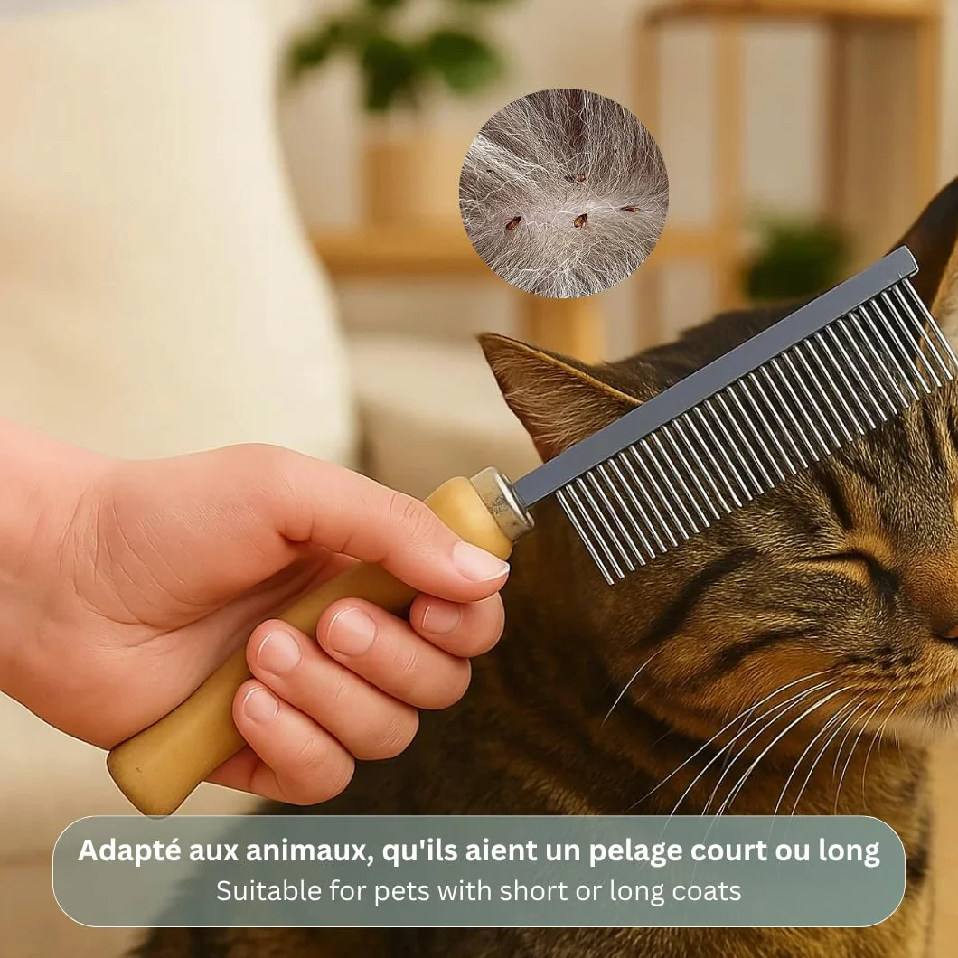 Peigne Anti-Puces avec Manche en Bois pour Chien et Chat – 16,7 cm