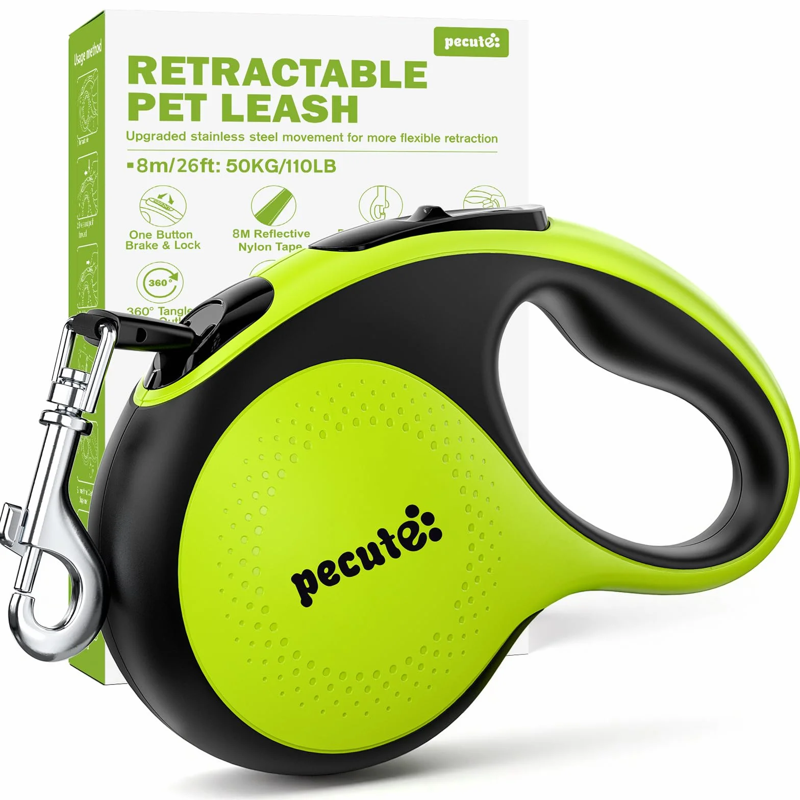 Pecute Laisse Chien Enrouleur 8m Rétractable pour Chiens jusqu'à 30Kg Ruban Nylon Réfléchissant