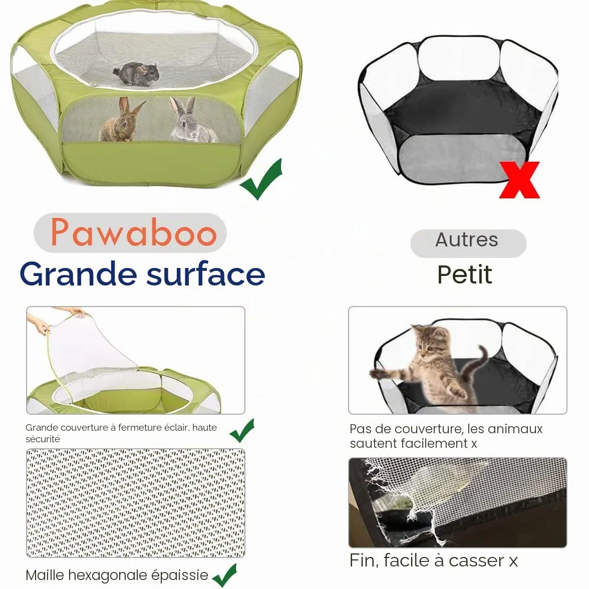 Pawaboo Parc pour Petits Animaux, Enclos Pliable Parc avec Fermeture Éclair pour Animal de Compagnie, Cages Tente Clôture d'exercice Transparente Respirante pour Chien, Chat, Lapin - Vert d'Avocat