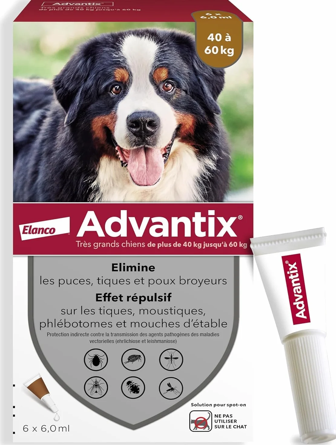 Advantix Très Grand Chien 40-60 kg Pipettes 6 Parasites Traitement 4 Semaines 6 x 6,0 ml