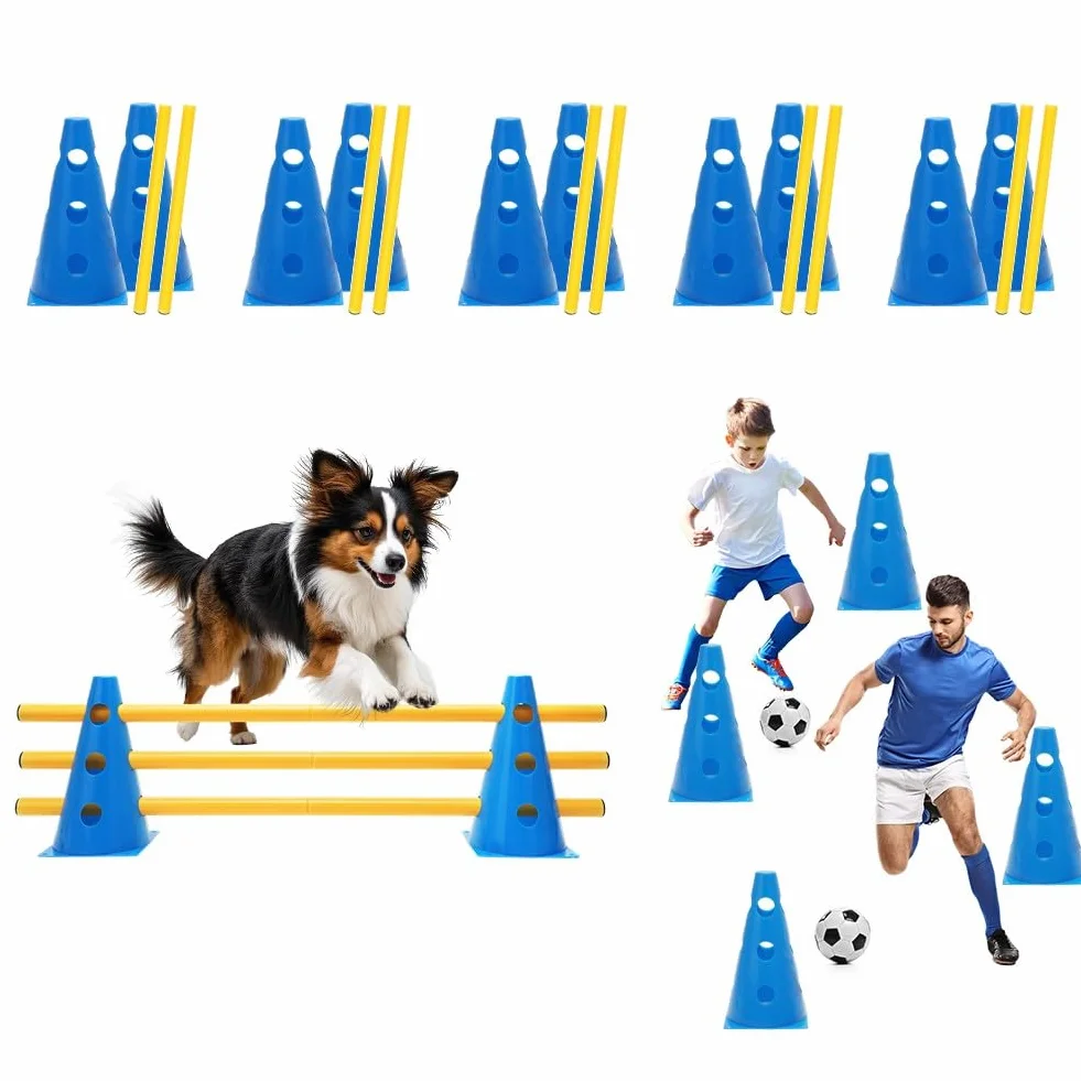 LOMUG Agility Lot de 5 obstacles d'agilité pour chien, kit avec barre 80 cm et 10 cônes