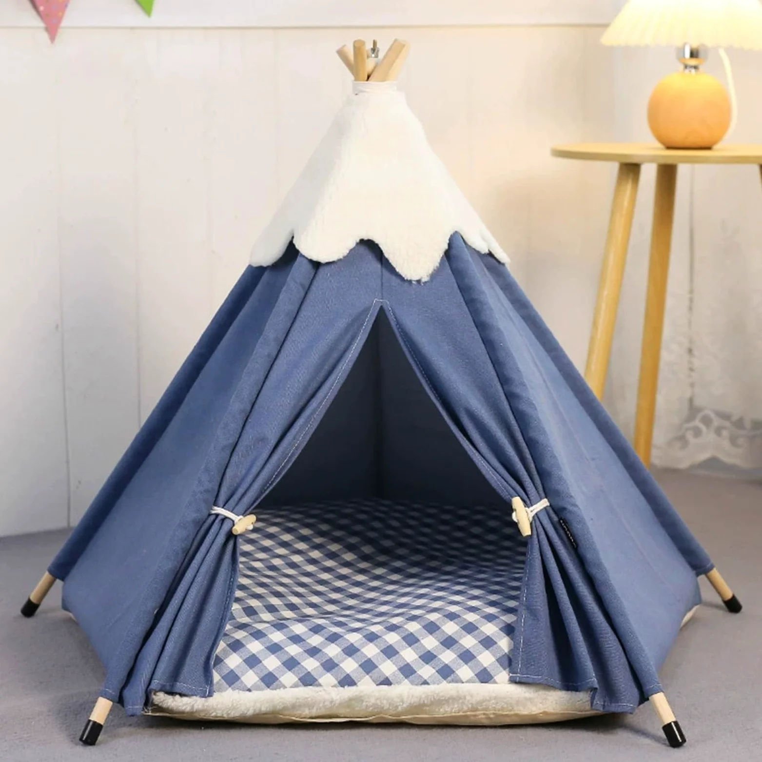 GIBZ Tente Tipi pour Animaux de Compagnie avec Coussin Amovible Jolie Maison Chien Lavable Antidérapant Lit Chat pour Intérieur, Bleu Marine, M