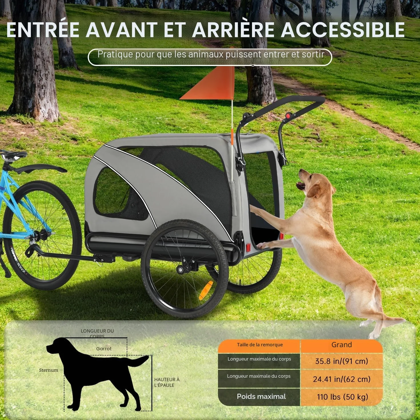 Remorque de vélo XXL 2 en 1 pour Chien - Remorque Pliable pour Chien avec Ouverture de Toit, réflecteurs et Bandes réfléchissantes, attelage de vélo Universel, poignée réglable en Hauteur
