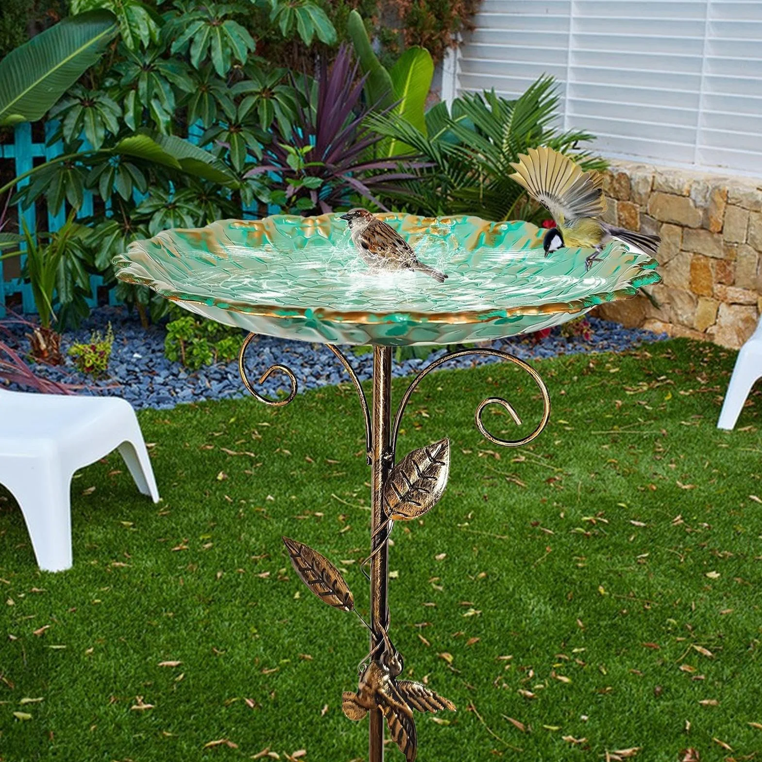 Bain d'oiseaux pour Extérieur, Mangeoire Vintage, Bassin en Métal sur Pied Antigel Hauteur Réglable pour Jardin Terrasse Balcon Extérieur