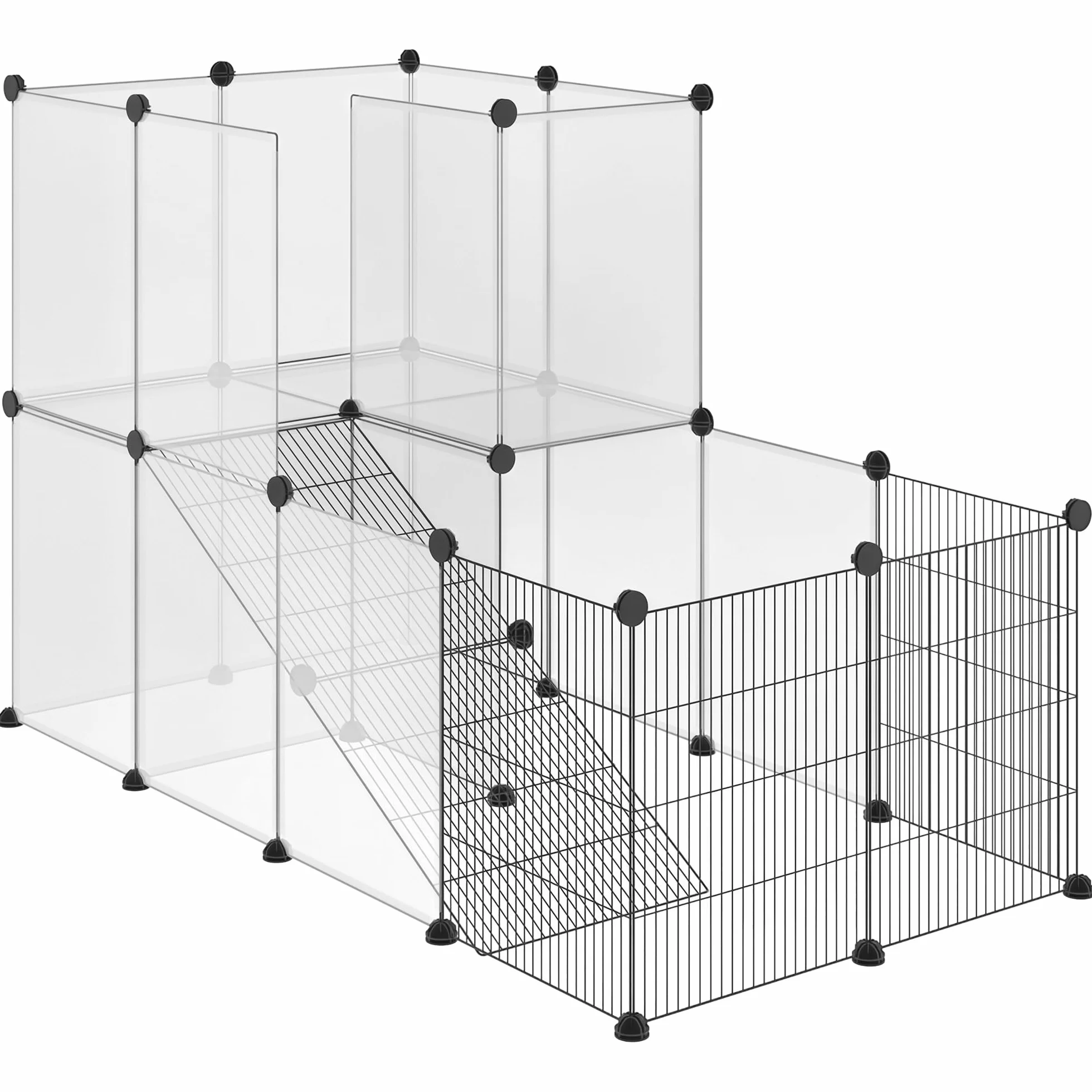 PawHut Enclos Lapin Interieur, 2 Niveaux, Parc Cage modulable Design Ouvert et Visible en Fil d'acier, clôture pour Petits Animaux, Lapin, Chinchilla, Cochon d'Inde, 27pcs, 140 x 70 x 90 cm, Noir | Parc Cage Modulable Design Visible en Fil d'Acier, Clôtur
