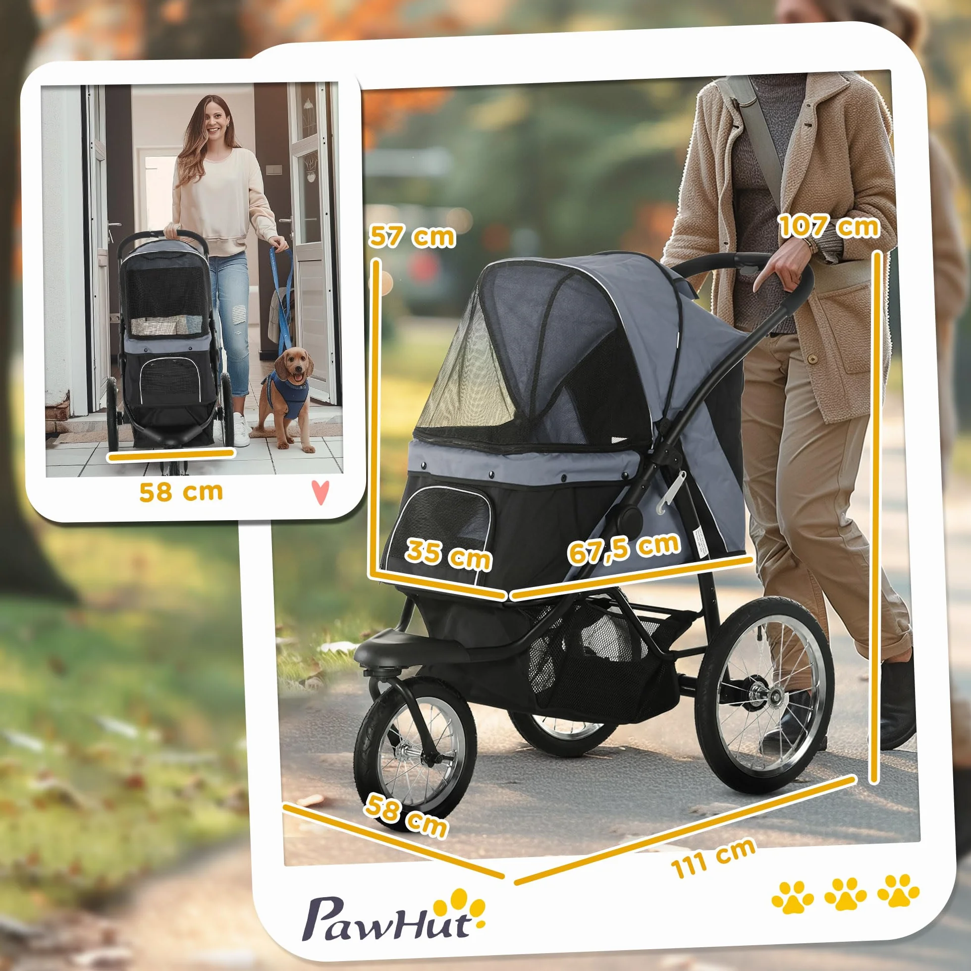 PawHut poussette pliante pour chien et chat avec réflecteurs, protection solaire, fenêtre en filet, panier de rangement