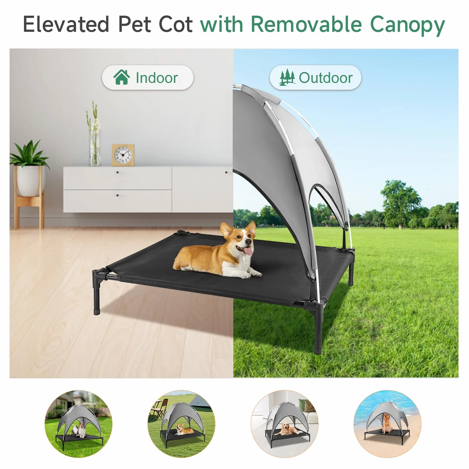 Lit Chien Surélevé avec Parasol, Lit de Camp Chien Chat sur Pieds Tissu Oxford Respirant, Anti-UV Cadre en Métal, Couchage Extérieur pour Chat, 92 x 76 x 94 cm, Gris