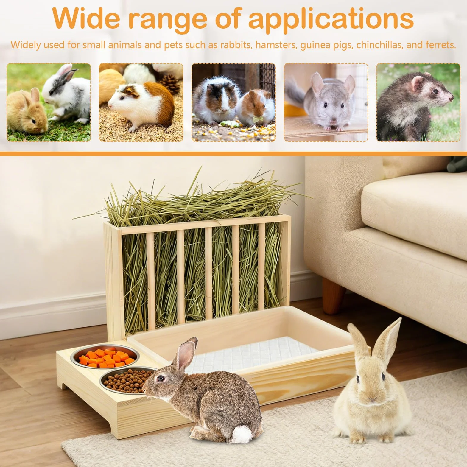 Râtelier à Foin en Bois pour Lapins Cochons d'Inde Hamsters avec Toilettes et Gamelle