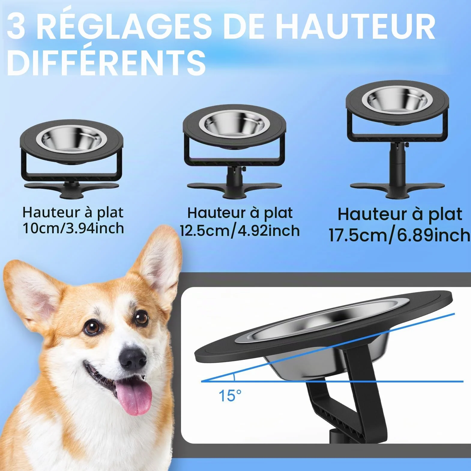Bol surélevé pour Chat avec Support inclinable à 15°, Hauteur Ajustable 6/10/15 CM, Bols en Acier Inoxydable, Support antidérapant