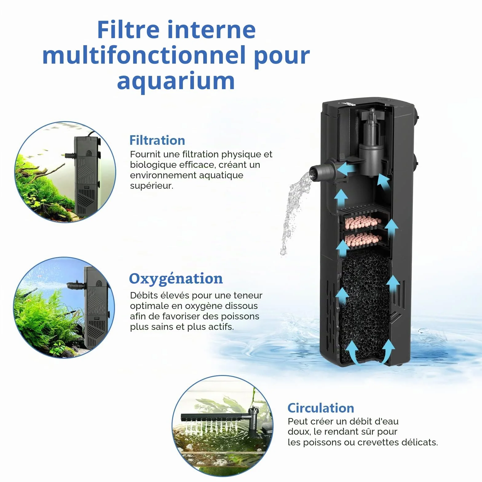 hygger Filtre Interieur Aquarium 600L/H Débit Réglable 10W 60-120L