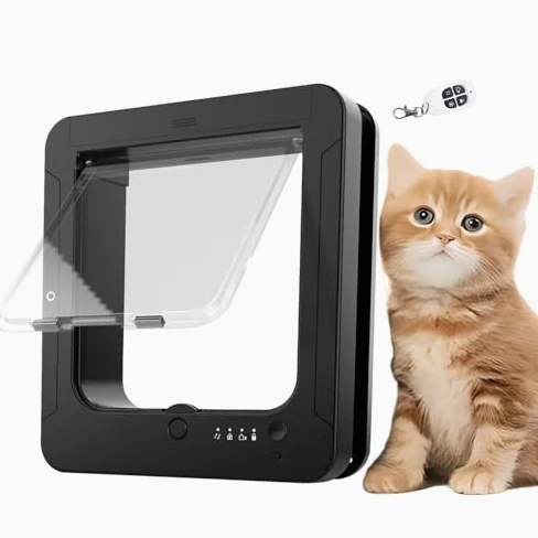 Chatière électronique intelligente pour chat avec 2 colliers de capteur et télécommande, mode de verrouillage réglable, résistant aux intempéries pour ouverture de 19 x 19 cm
