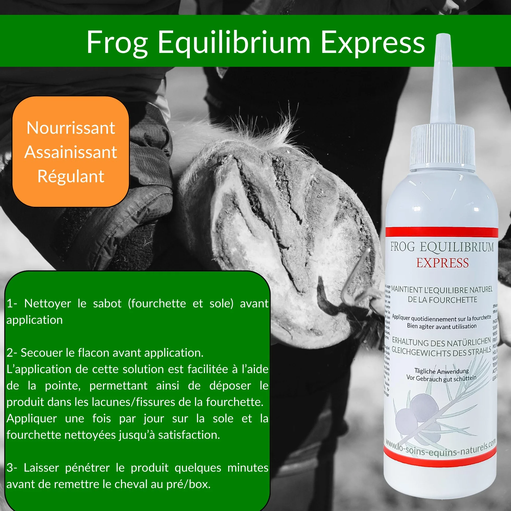 Frog Equilibrium Express - Soin Naturel réparateur et Protecteur des fourchettes pour Cheval - Retour Rapide à l'état physiologique (125 ML)