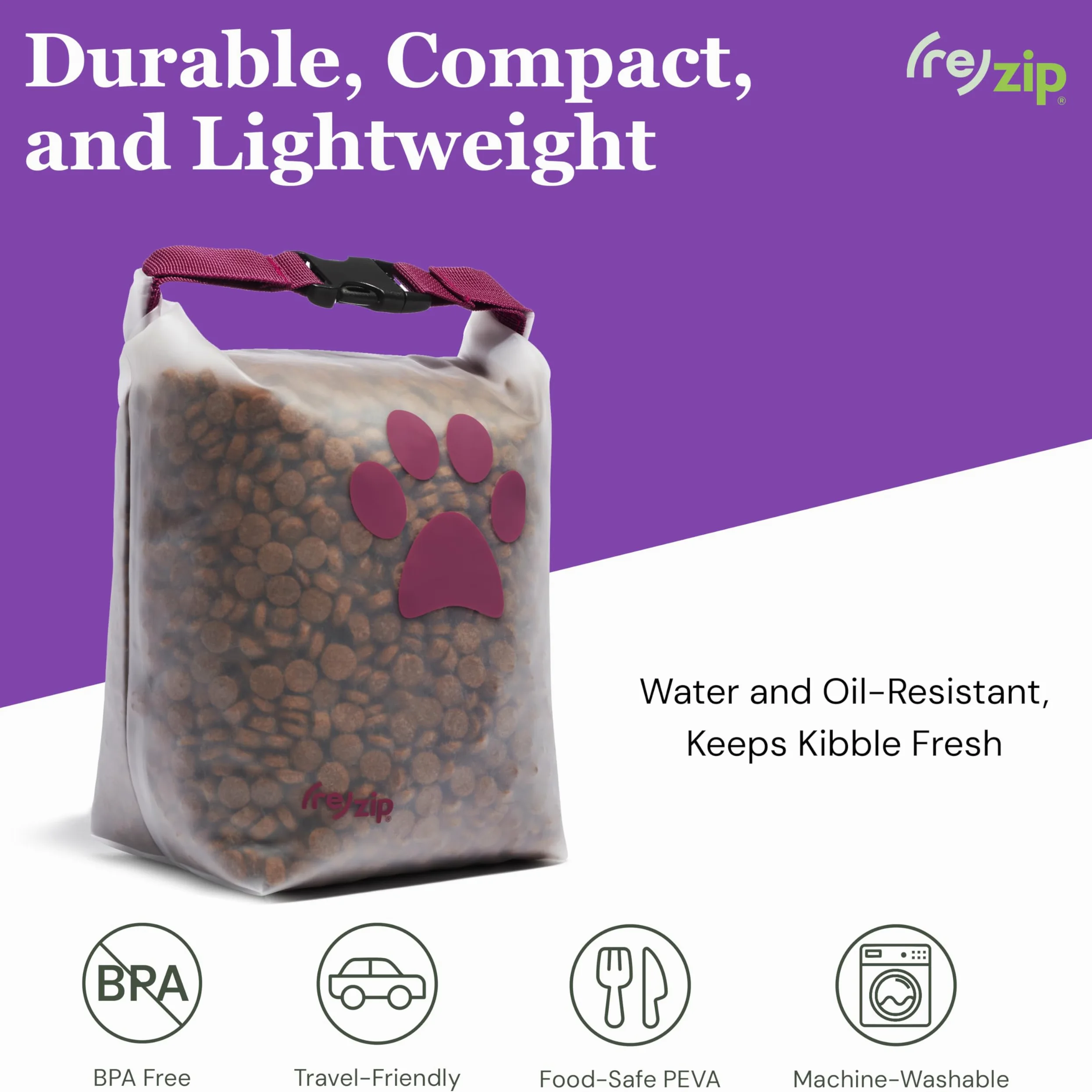 (re)zip Sac de rangement pour nourriture pour animaux domestiques (14 tasses) | Sans BPA, qualité alimentaire, sans danger pour les animaux | Garde les croquettes fraîches pour le camping, la planche