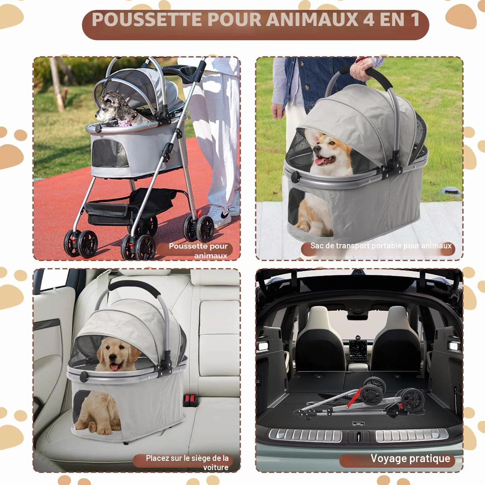 Poussette pour Chien 3-en-1 Pliable jusqu'à 20 kg Roues 360° Résistant à l'Usure