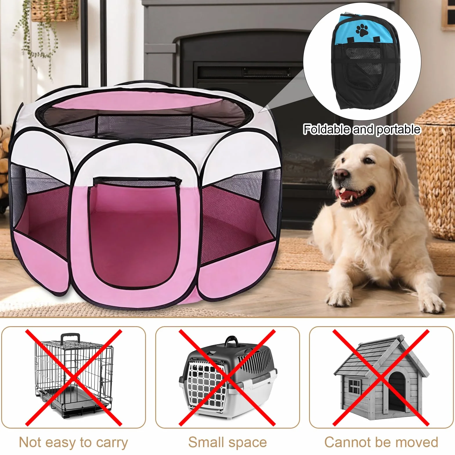 Parc pour Chien Portable Tente Respirante Intérieur Extérieur 74 x 74 x 43 cm Rose