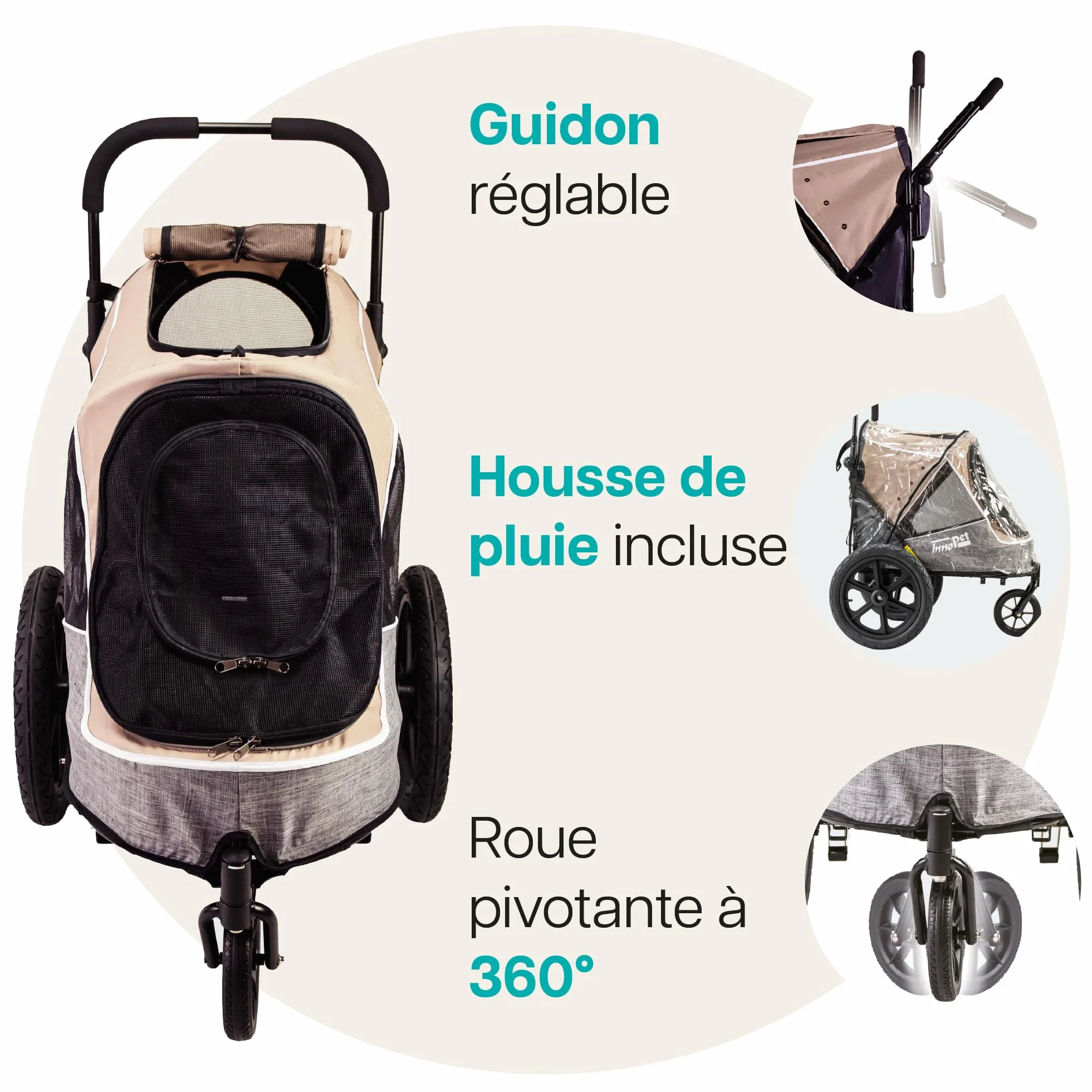 Innopet Sporty Evolution Latte Poussette et Remorque pour Chien 2 en 1 Beige/Gris 30 kg avec Housse de Pluie