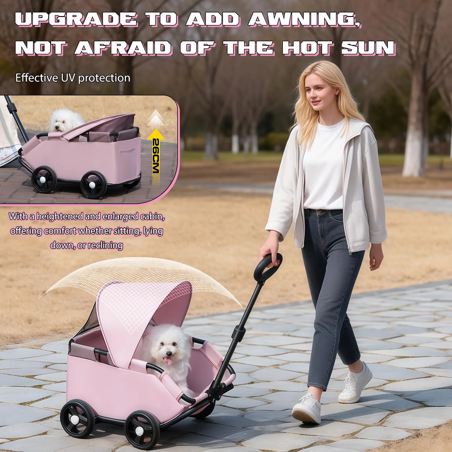 Chariot pour chien pliable 4 roues barre pivotante 360° Tissu Oxford 600D rose
