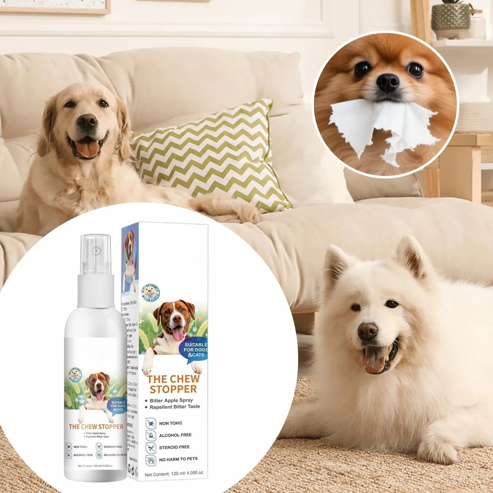 Spray Anti-pour Chiens d'intérieur d'Apprentissage de la Propreté pour Chiot Aide au Comportement Urine Déjections Canines Meubles Tapis