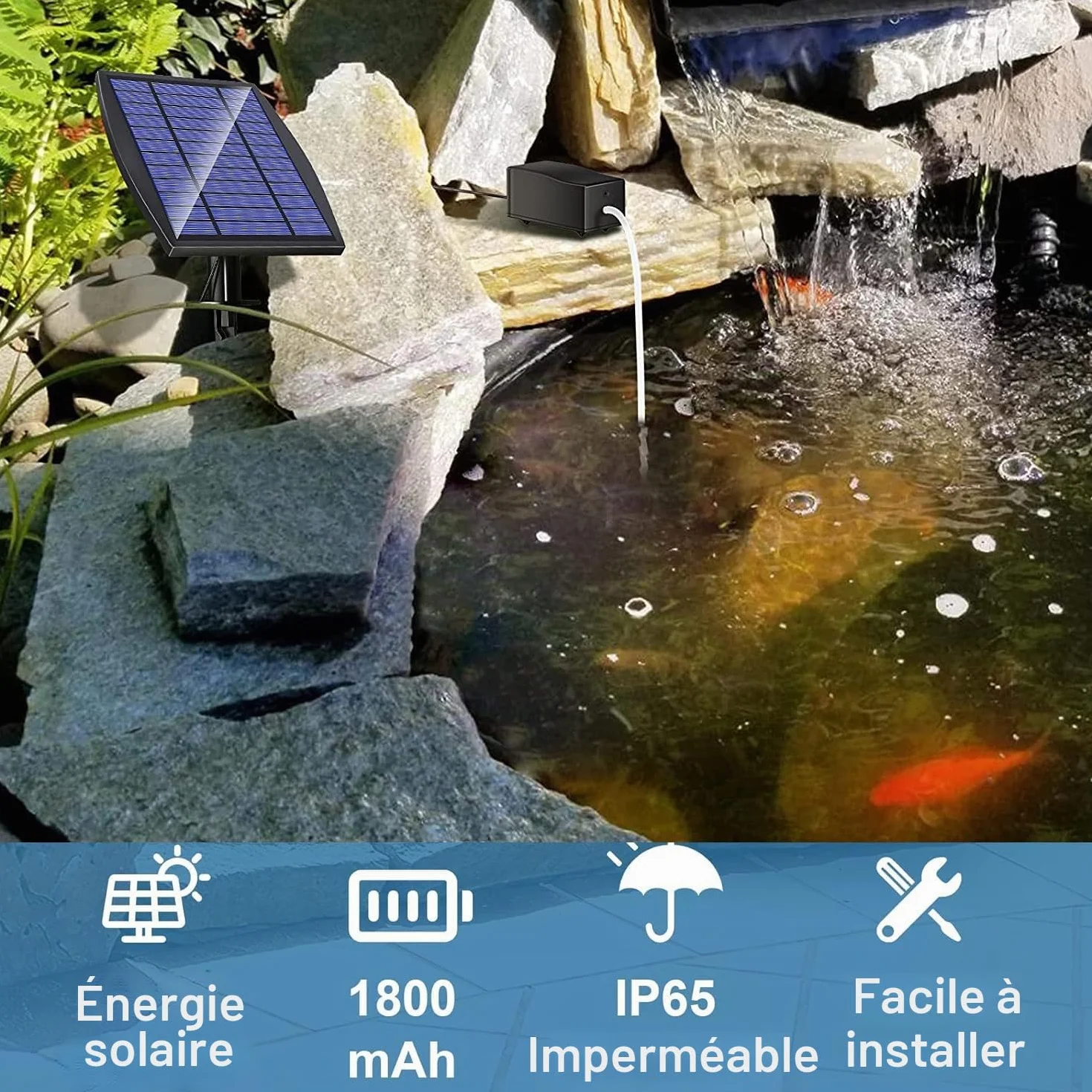 Pompe à oxygène solaire 2,5 W avec batterie 1800 mAh, 3 modes, pour bassin, étang, pêche