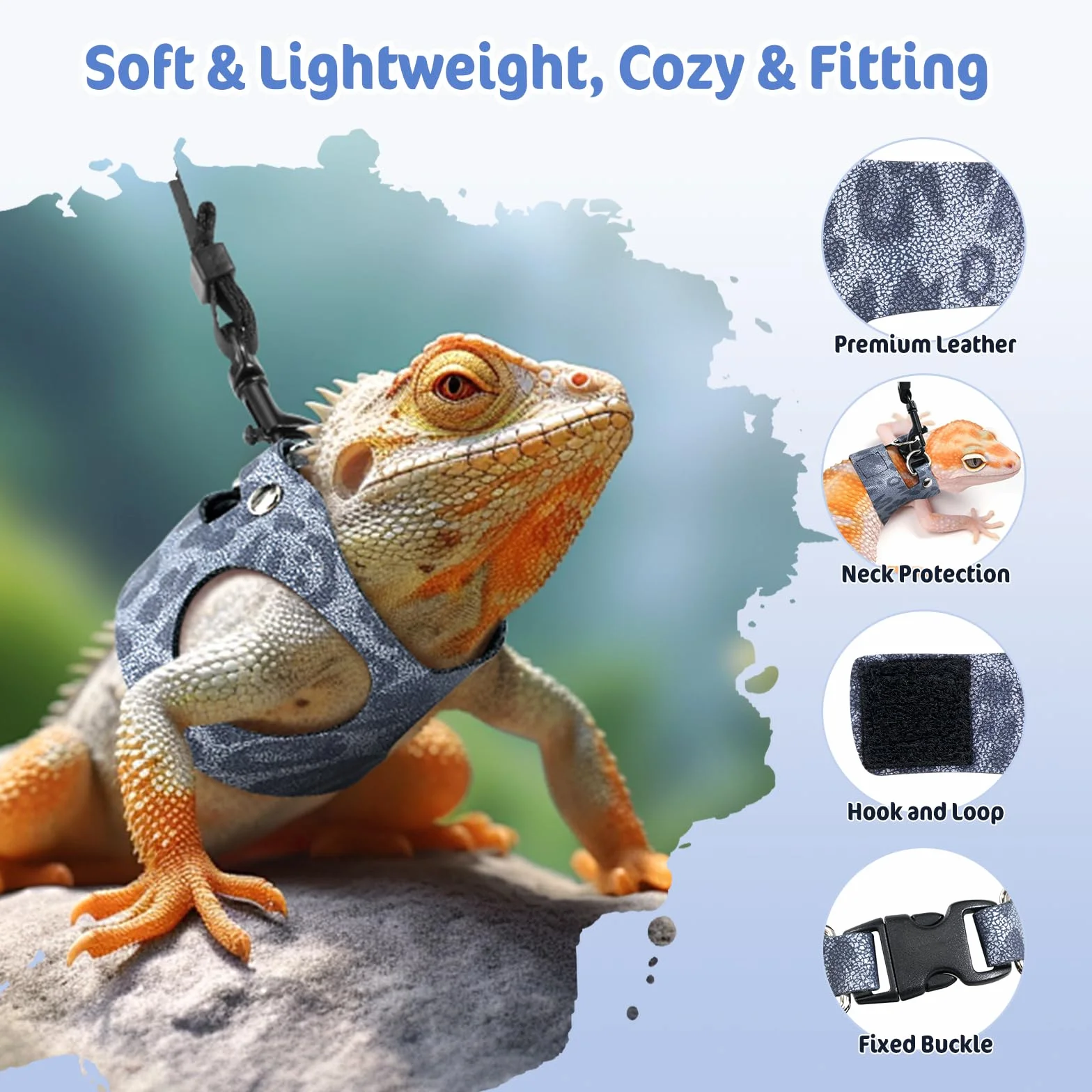 Pawaboo 3 Pack Harnais de Dragon Bardu Laisse Réglable de Lézard, Harnais de Reptile, S&M&L, Bleu Poussière