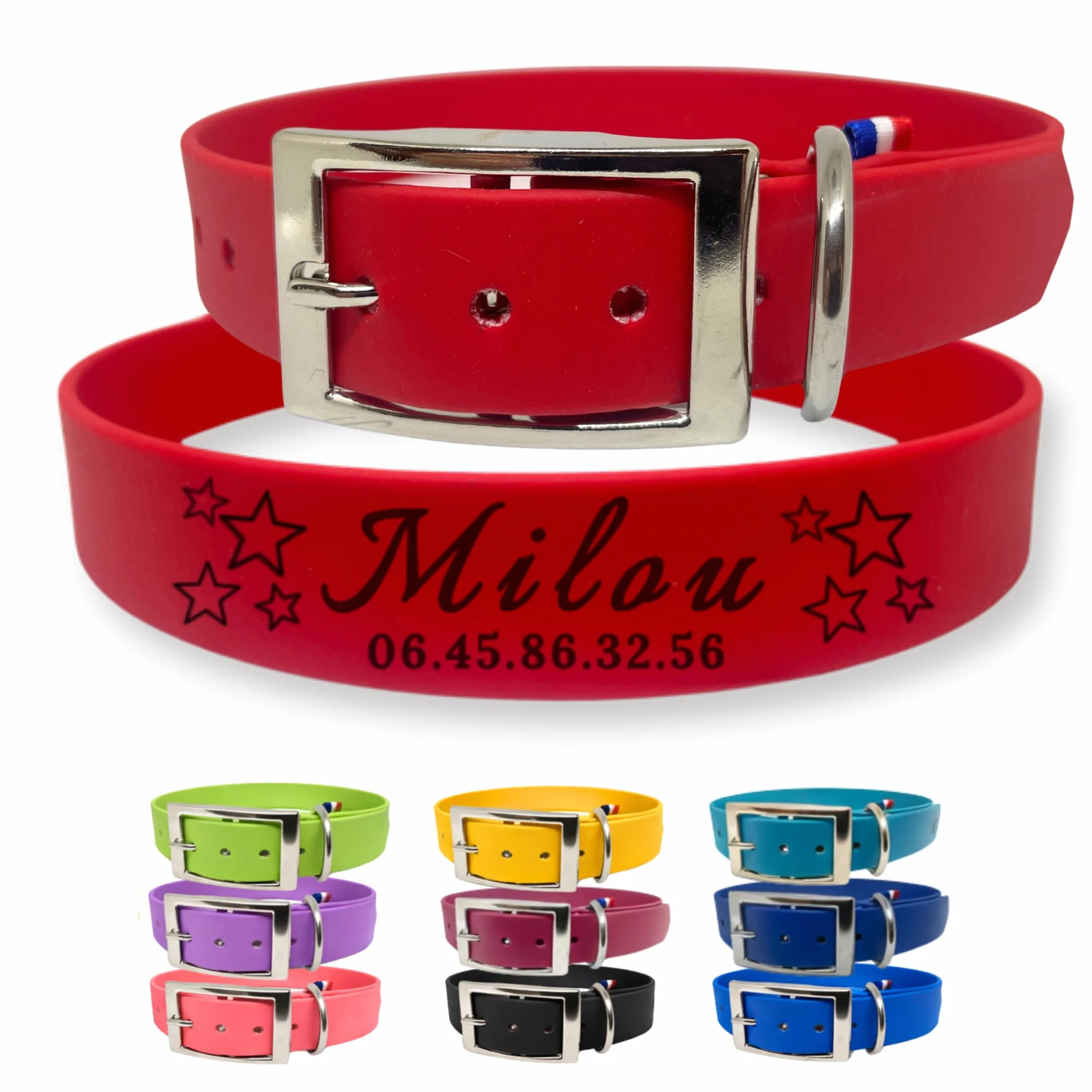 Collier Chien personnalisé Biothane Fait Main France gravé au Laser prénom numéro téléphone étanche résistant TDOG Rouge