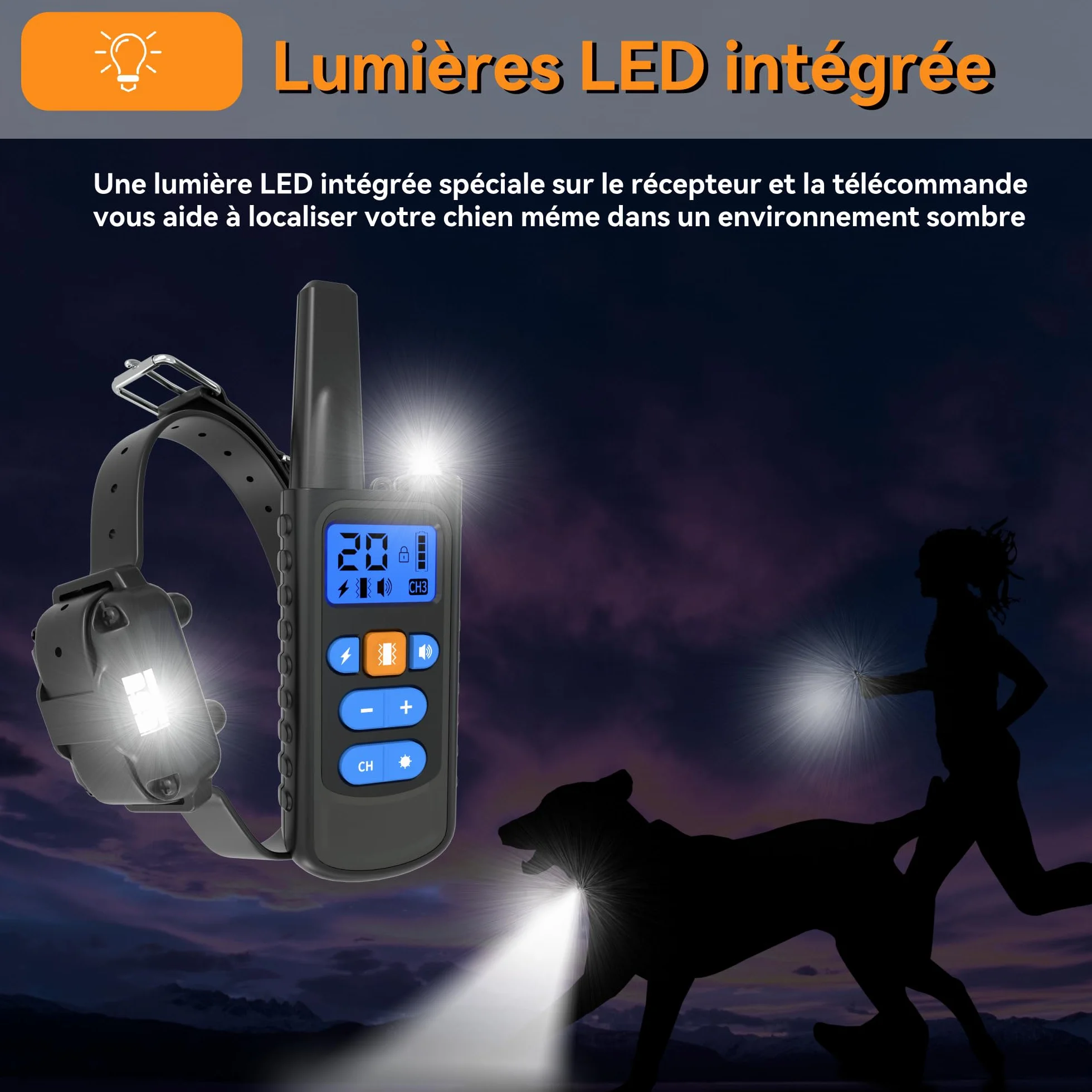 Meloive Collier de Dressage pour Chiens Rechargeable,Portée de 3000m,avec Mode Vibration,Son,Choc Statique et Lumière,IPX67 Résistant à L’Eau,Adapté Aux Chiens de Petites et Moyennes Tailles,Noir