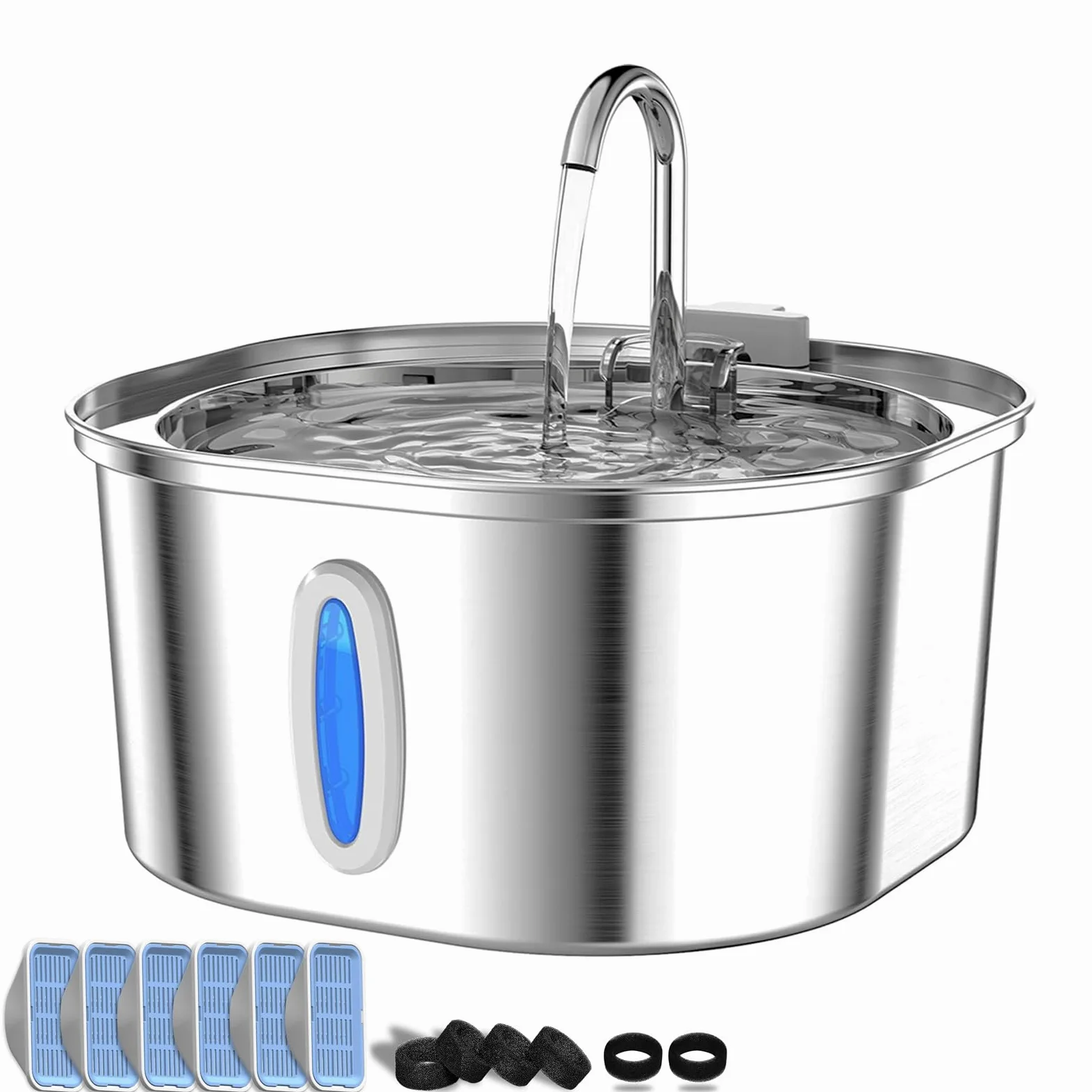 Fontaine à Eau pour Chats PEKTACO en Acier Inoxydable – Fontaine 3.2L pour Intérieur avec Indicateur de Niveau d'eau, Fontaine pour Chats et Chiens, 6 Filtres + 6 Éponges