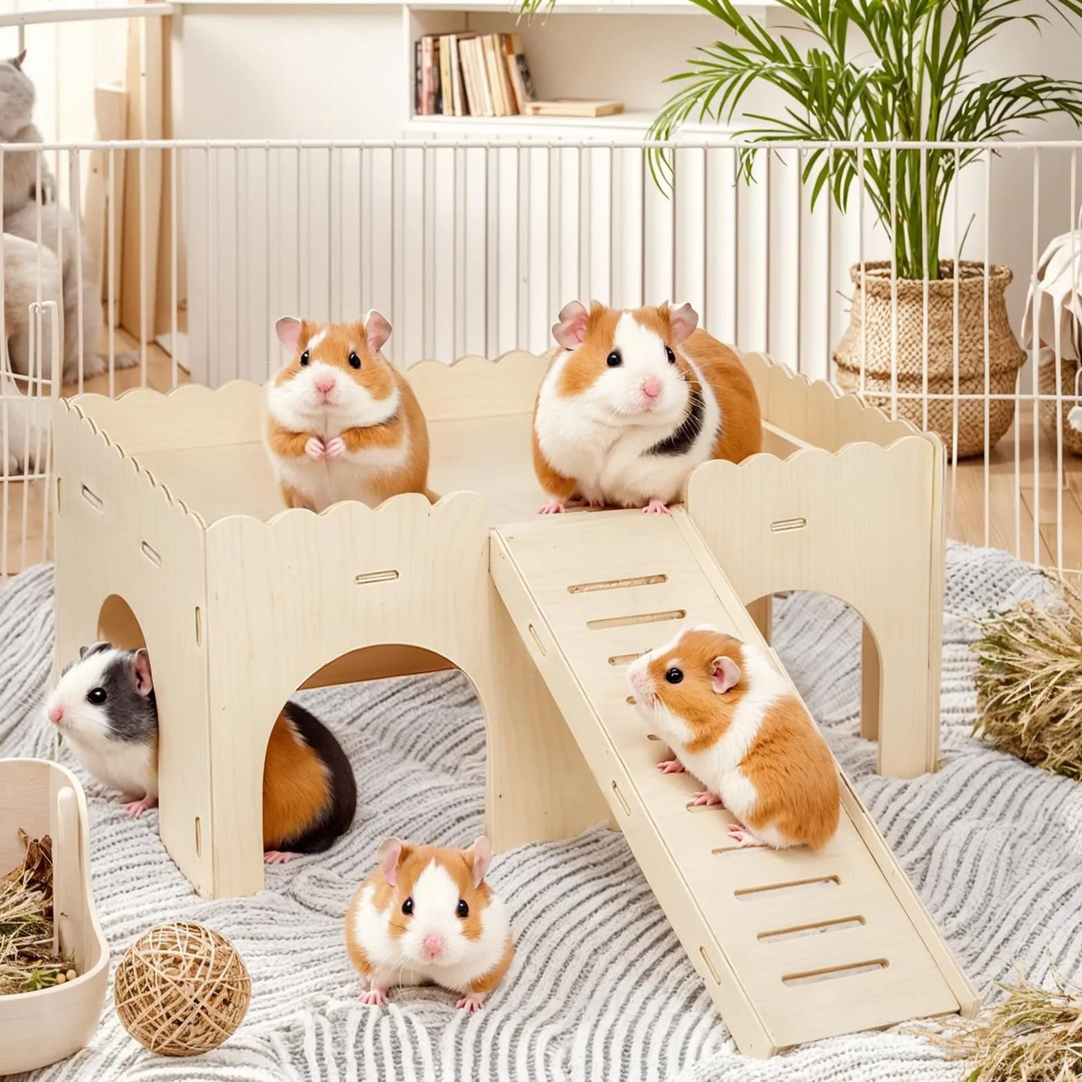 Grande Cabane Cochon d'Inde avec Rampe: Maison Cochon d'Inde avec Rampe 4 Entrées - Accessoires de Jouets pour Cochons d'Inde - Cachette en Bois Petits Animaux de Compagnie, Hamsters Nains (Wood)