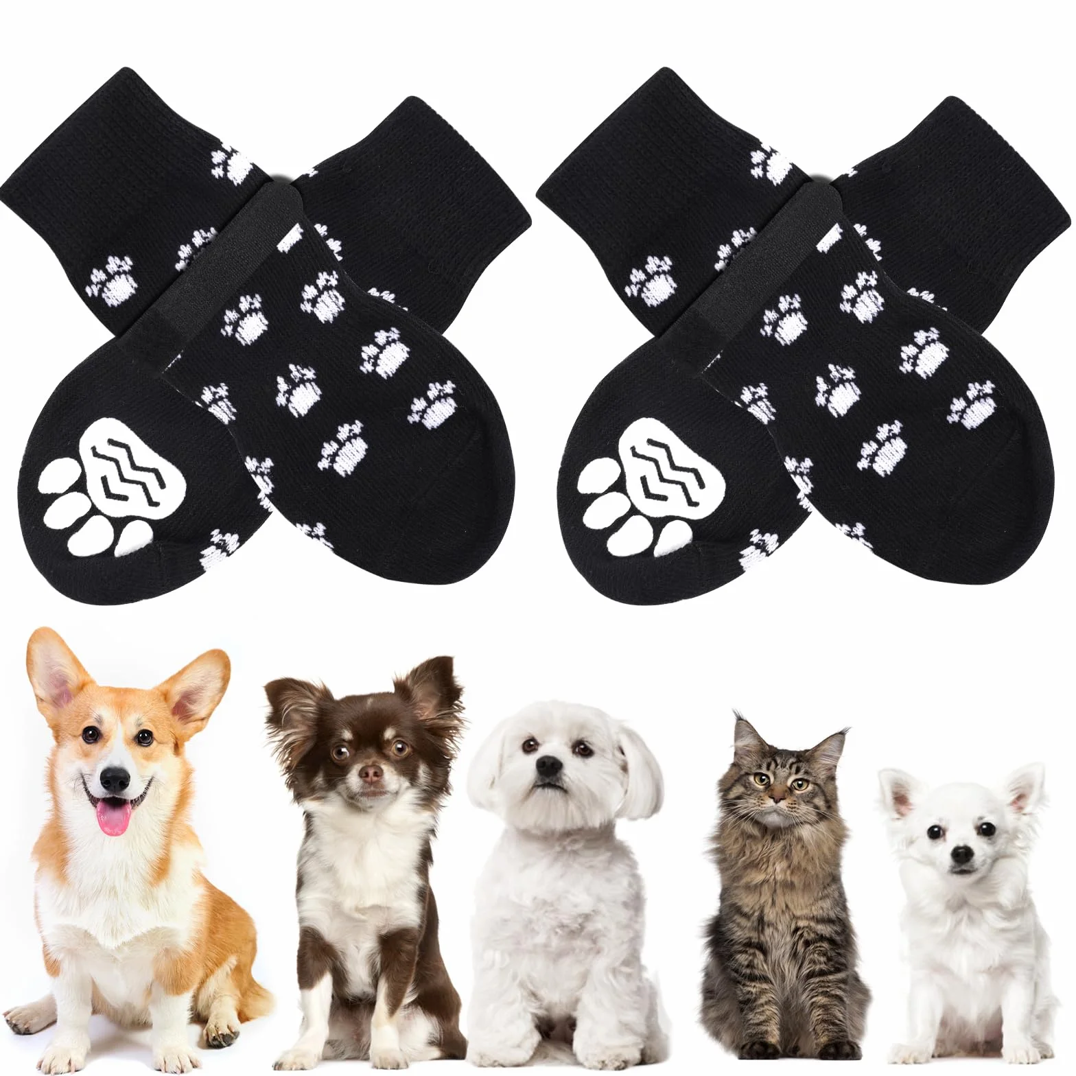 AUAUY Chaussettes Anti-Dérapantes Chien Chat Protège Pattes Sols Intérieurs Bandes Fixation Réglables Petits Moyens Chiens Chats S