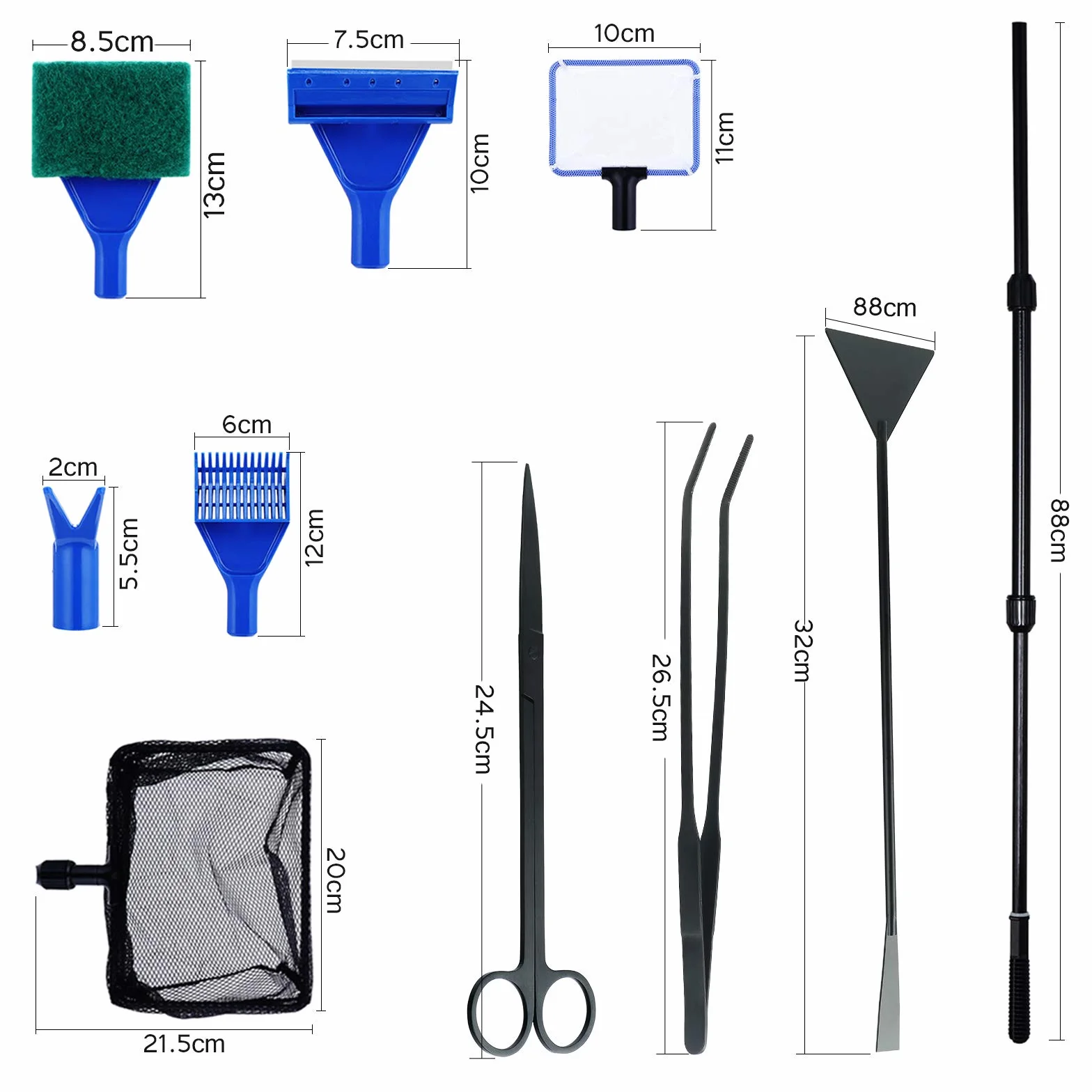 Kit d'outils de nettoyage pour aquarium 9 en 1, acier inoxydable, épuisette, râteau, fourche, grattoir