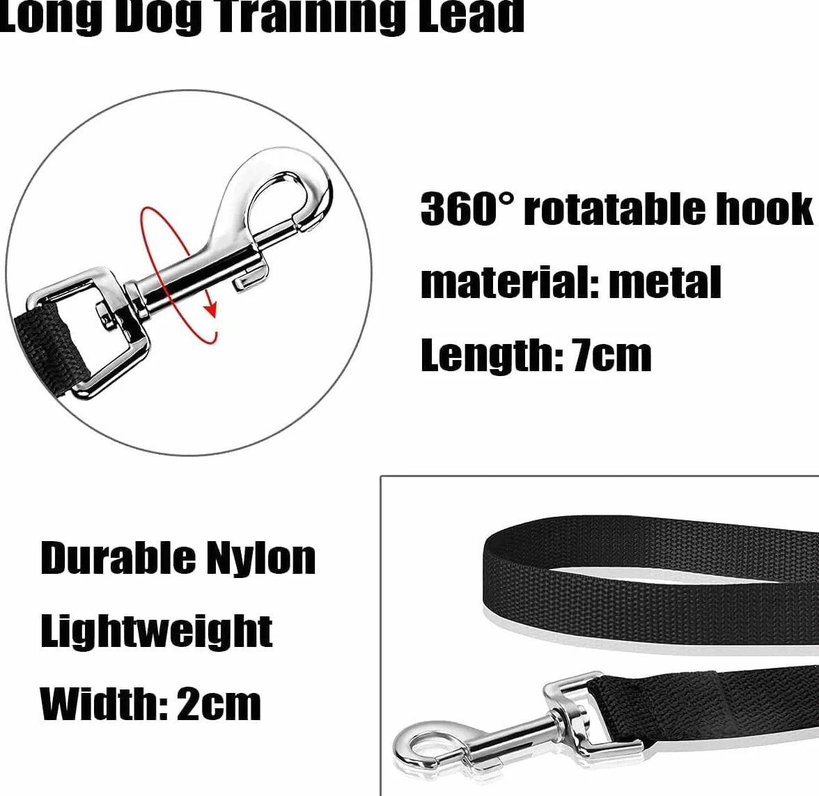Longe pour Chien 50m Noir Laisse de Dressage Poignée Rembourrée Formation Marche Longue Chiens Petites Grandes Tailles