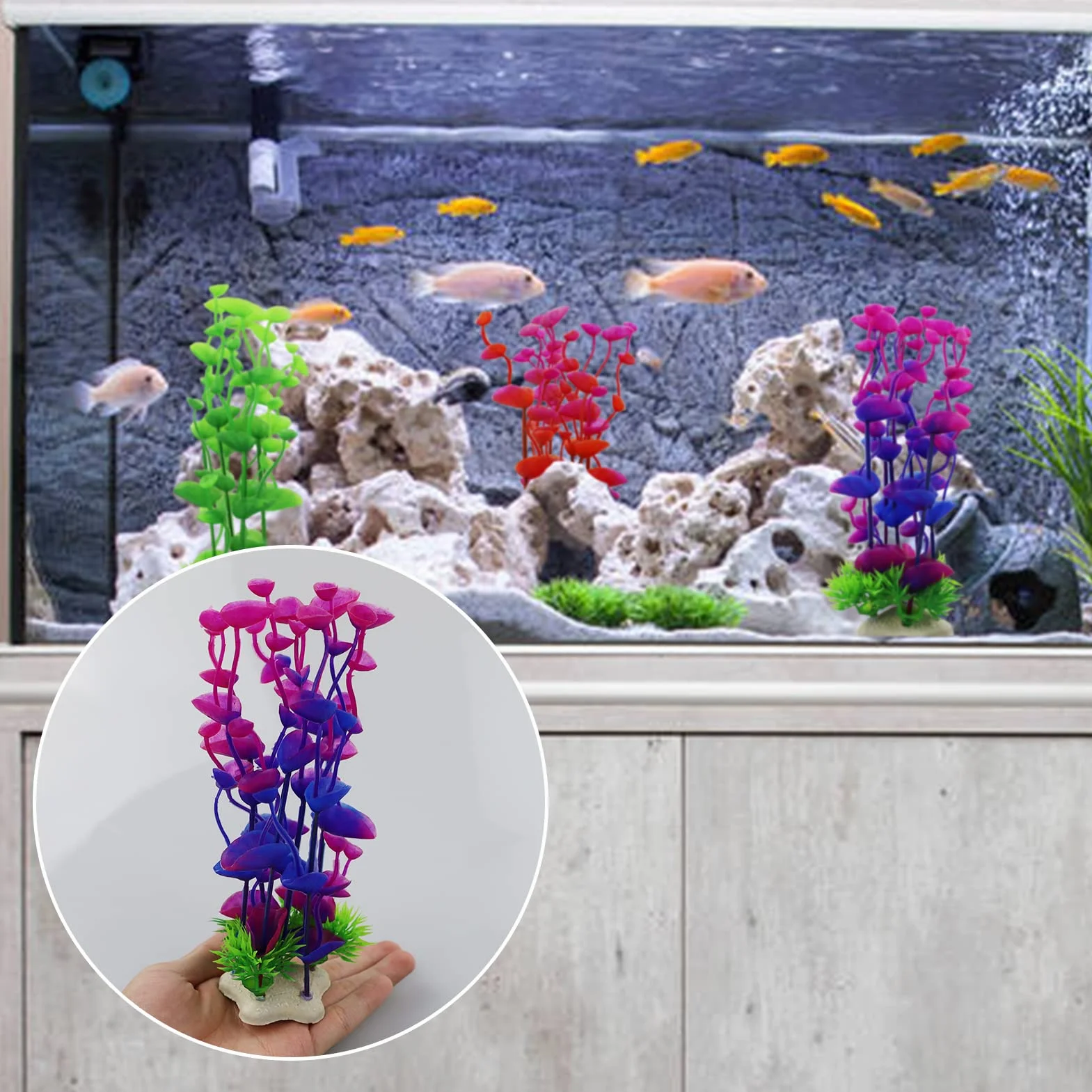 Lot de 3 plantes artificielles pour aquarium, plantes décoratives en plastique, plantes aquatiques pour poissons – 3 couleurs