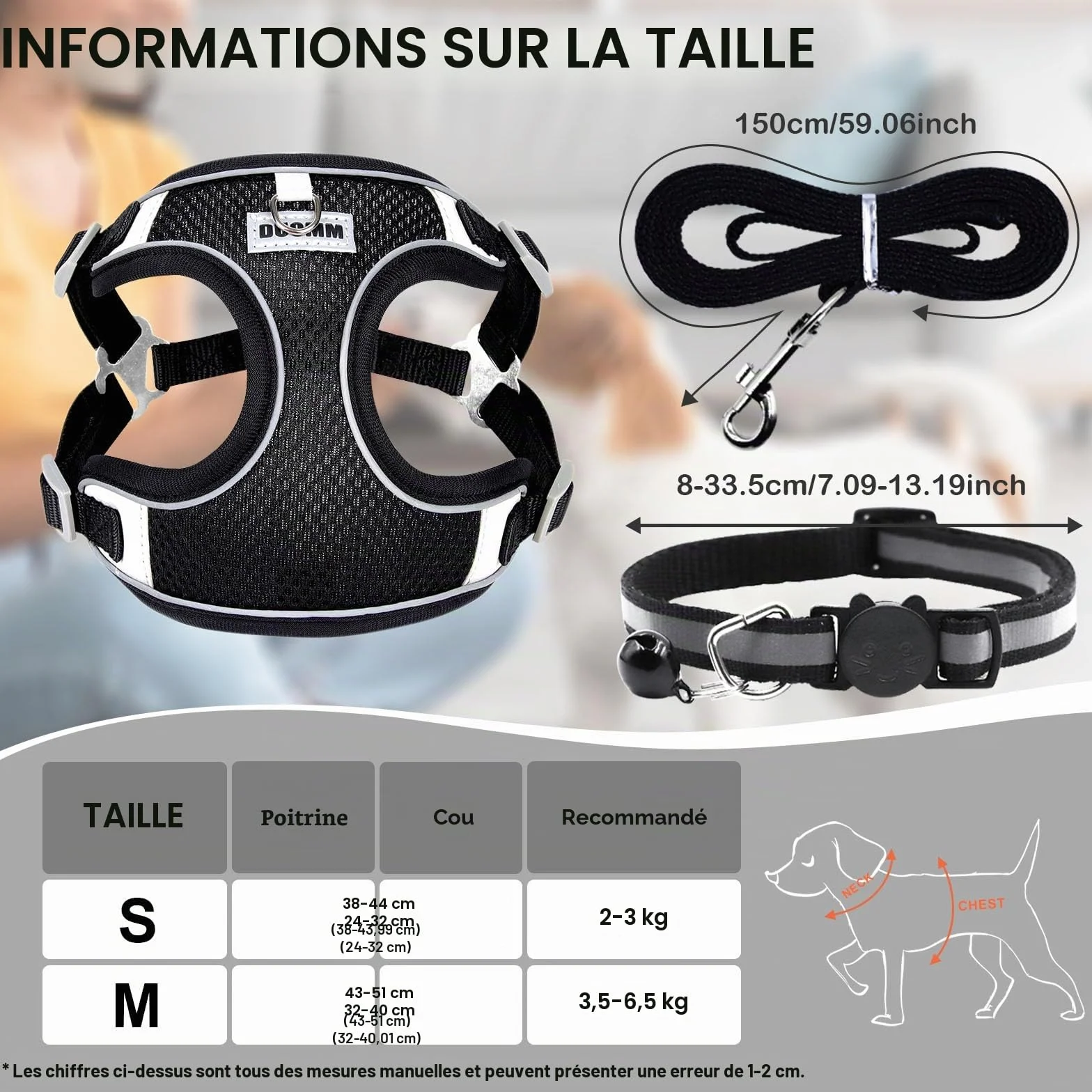 Harnais Chien Anti Traction Petite Moyenne Taille Respirant Lumineux Réglable Sécurité Taille S