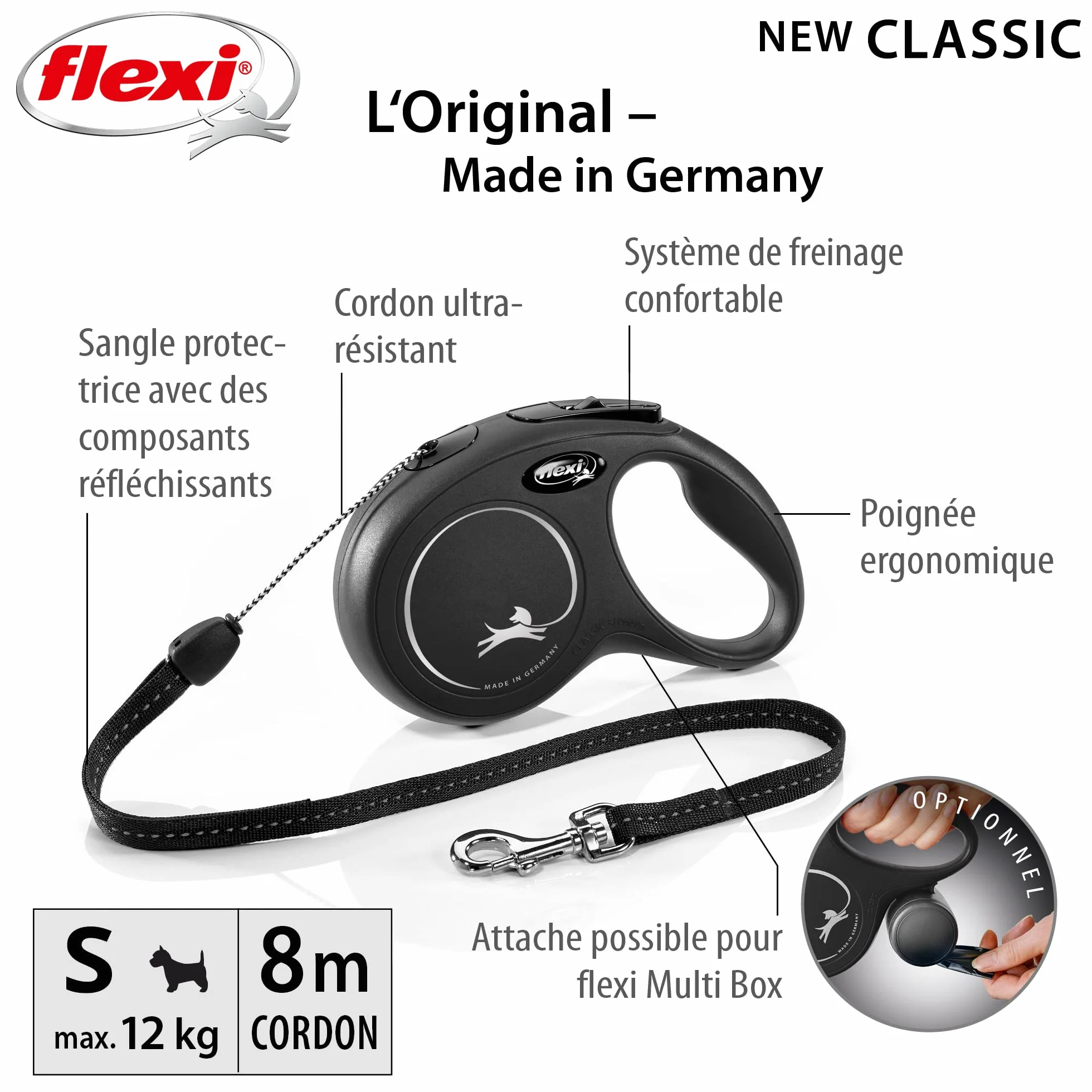 flexi® Classic S Laisse rétractable 8 m pour chiens jusqu'à 12 kg Noir