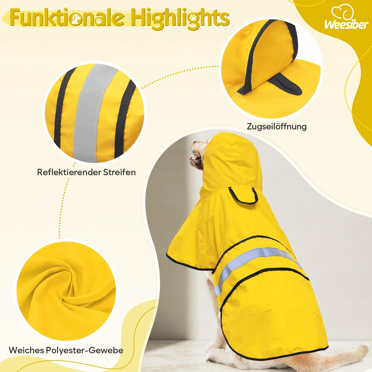 Weesiber Manteau de Pluie Imperméable Réfléchissant pour Chien, Étanche Ultraléger Aéré, Veste Ajustable Poncho (S, Jaune)