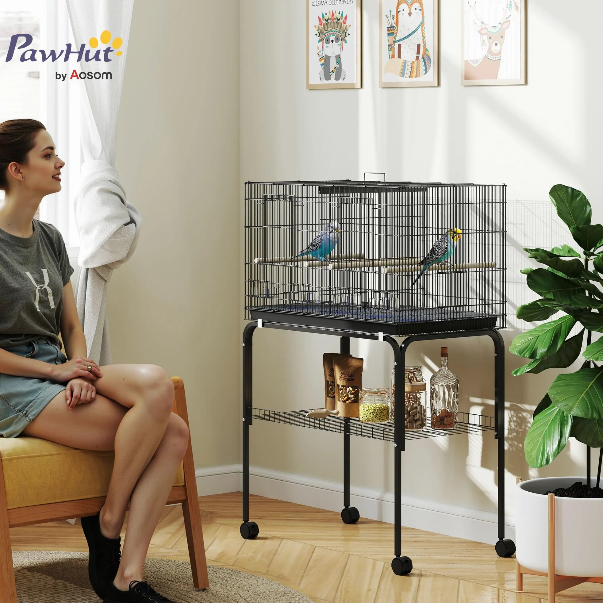 PawHut Cage à Oiseaux Volière Acier Séparateur Perruches 76x46x116cm Noir | Intérieur, 4 Perchoirs, Plateau Coulissant, 4 Mangeoires, Support avec Étagère et roulettes, Canaris, Pinsons