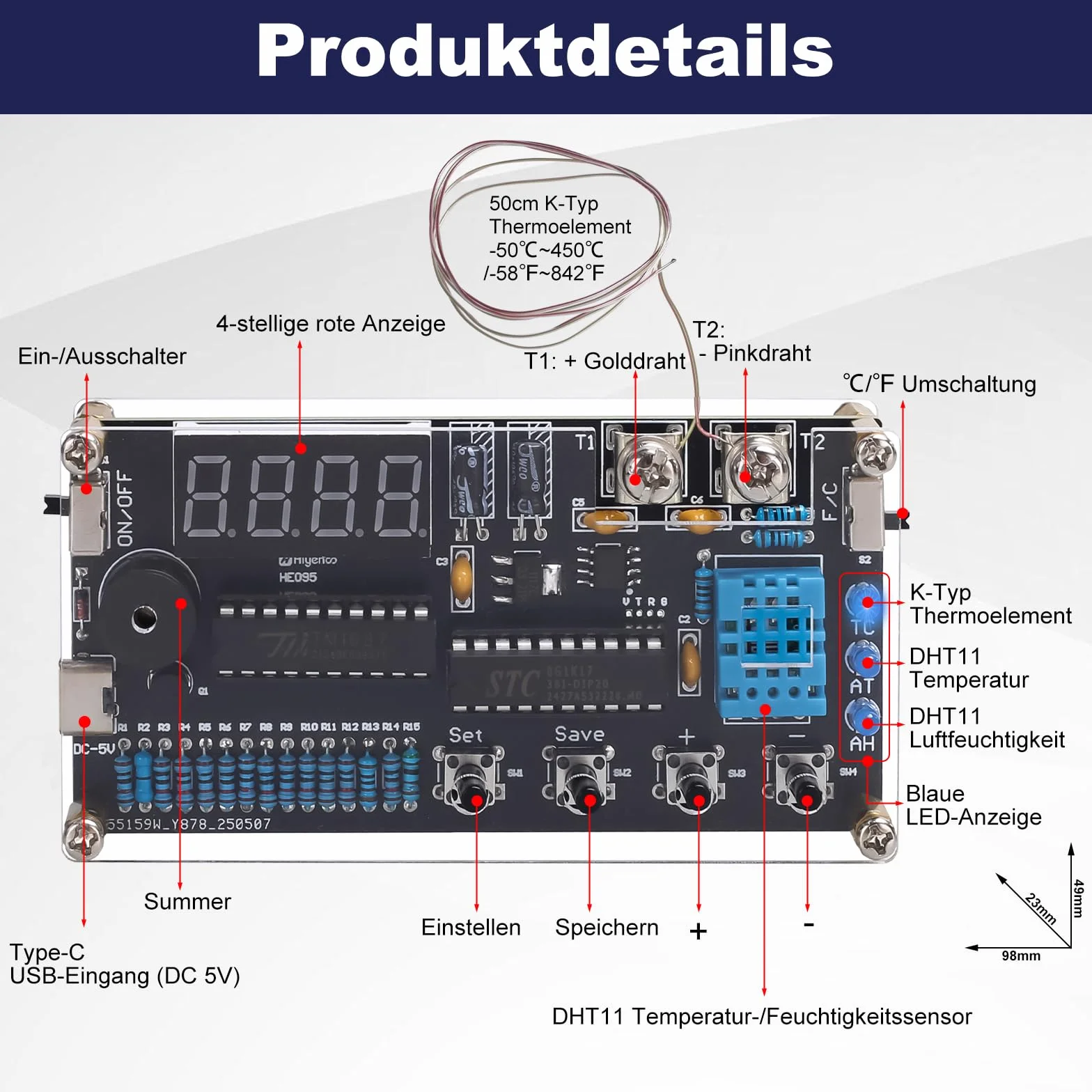 Thermomètre hygromètre à souder DIY DC 4,5 V-5 V -50 ℃ ~ 450 ℃ thermocouple numérique de type K Mini thermo-hygromètre électronique Kit de construction pour bureau, garage ou serre formation