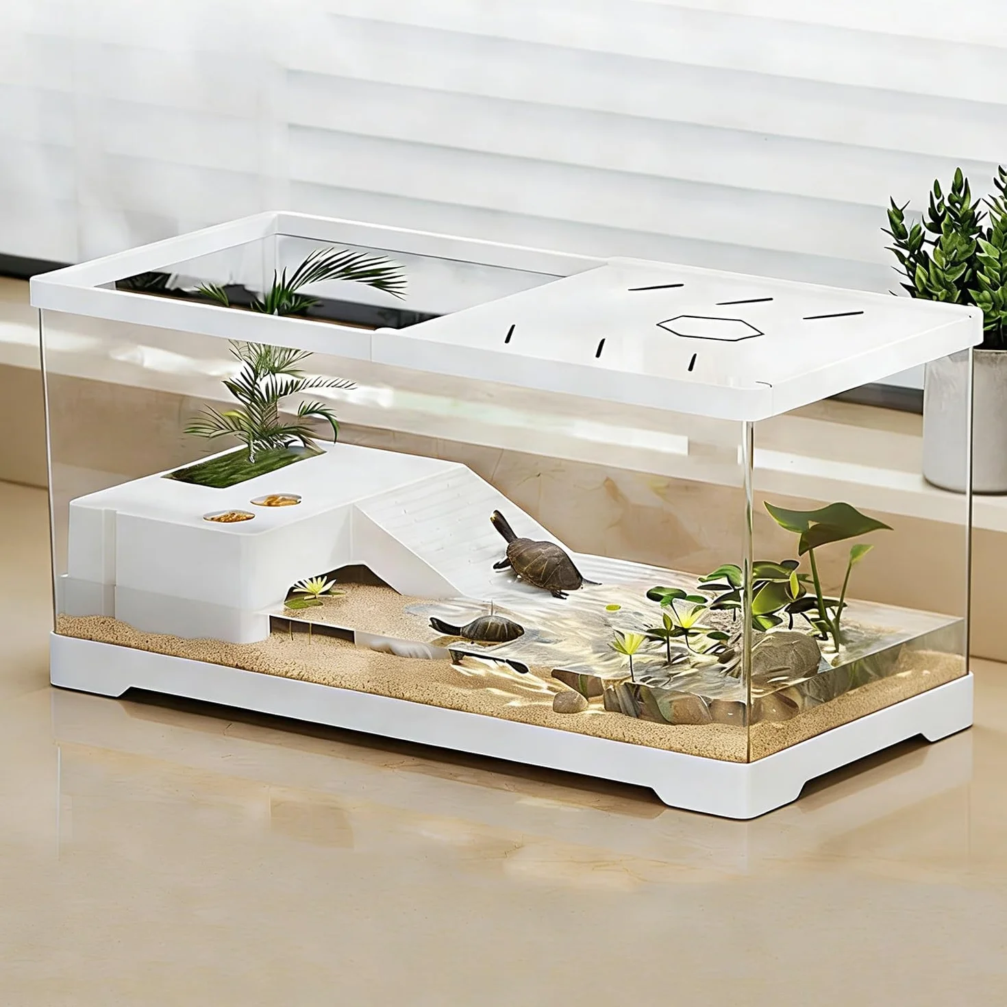 Aquarium pour Tortues avec Plateforme de Bain de Soleil 30 x 18 x 18,5 cm Blanc