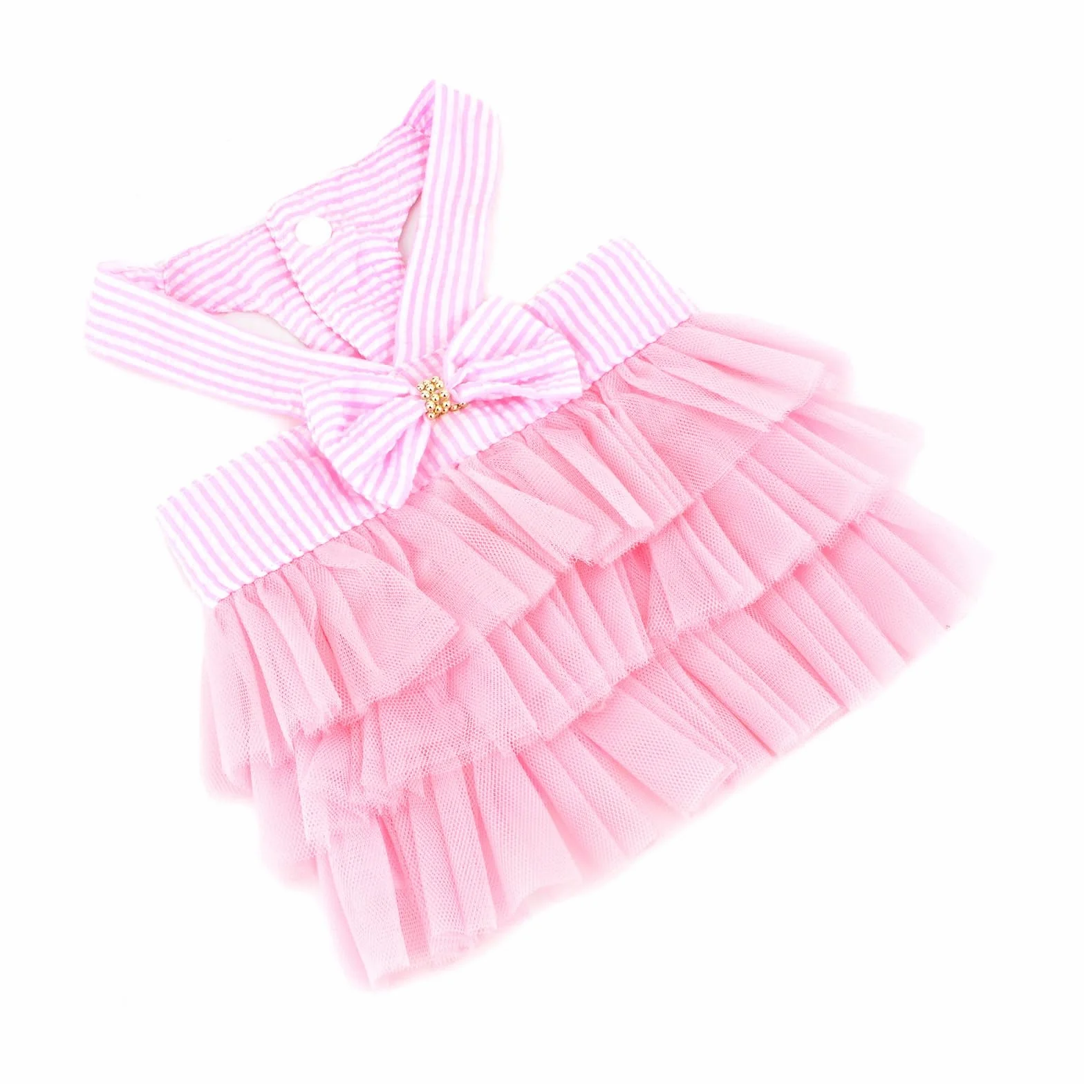 PAIDEFUL Robe tutu d'été en denim rayé avec nœud en organza et perles Rose Taille L
