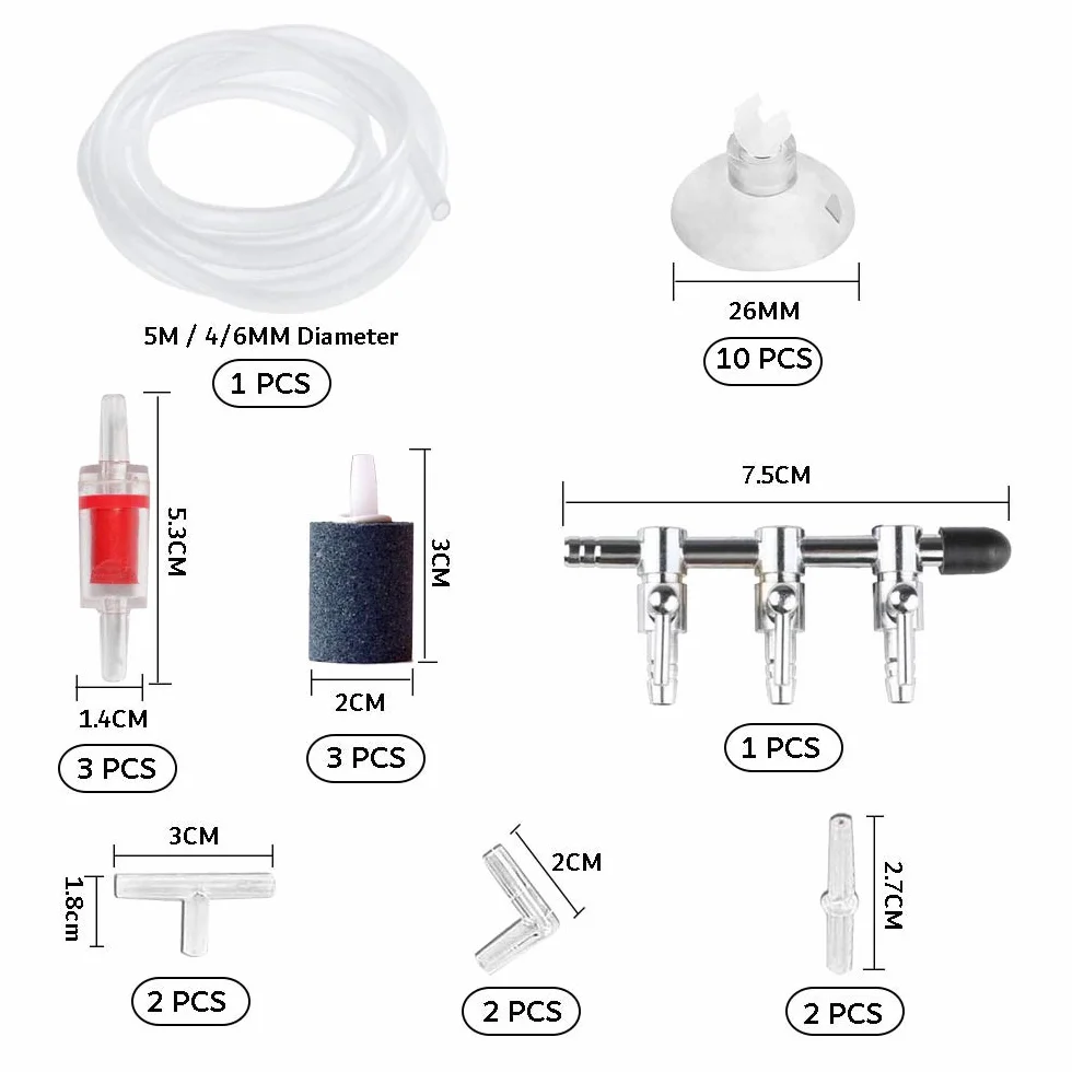Accessoires de Pompe à Air pour Aquarium, Tuyau 5 m, 10 Clips, 3 Pierres, Séparateur 3 Voies, 6 Connecteurs