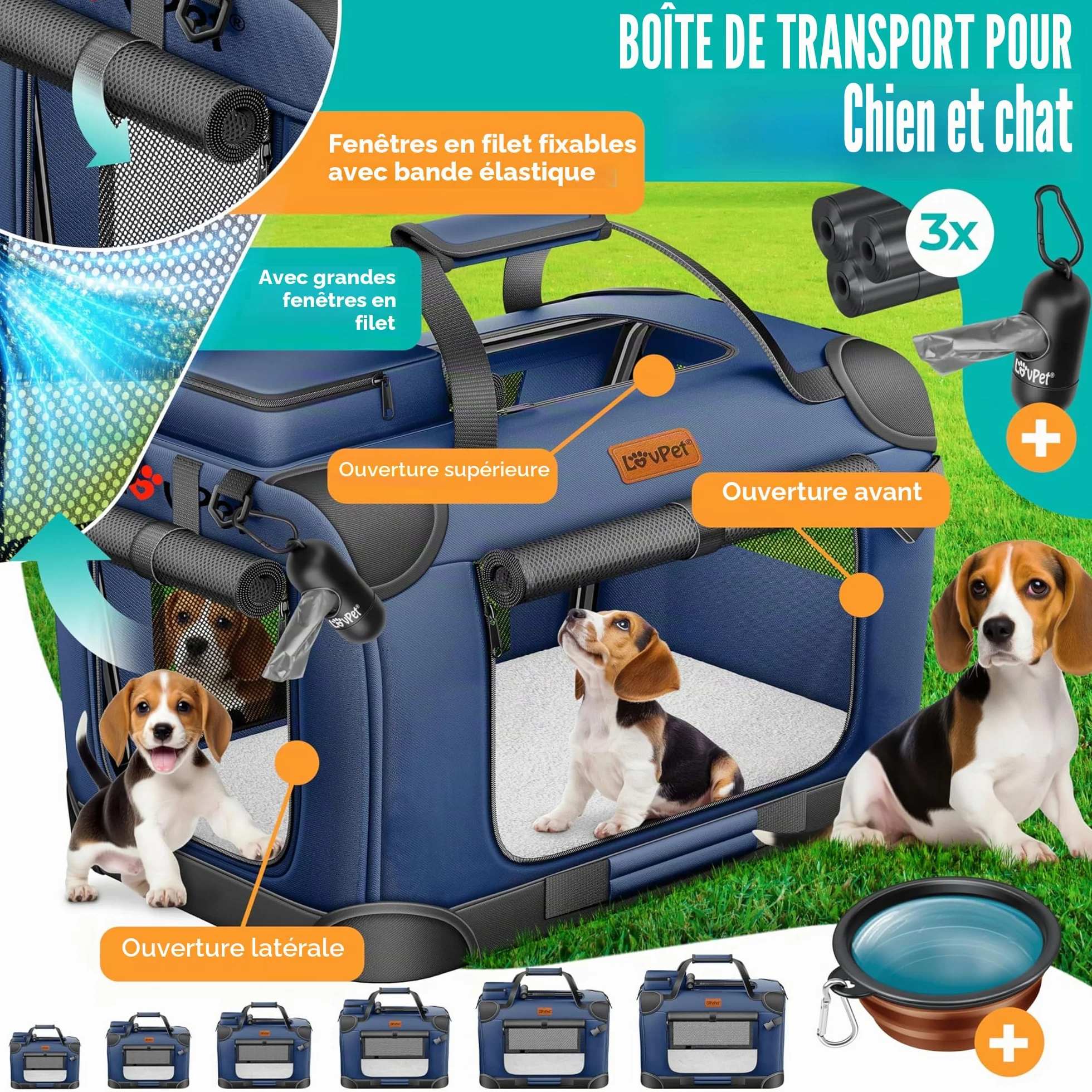Lovpet Boîte de transport pliable pour chien XXL 91,4 x 63,5 x 63,5 cm Bleu marine