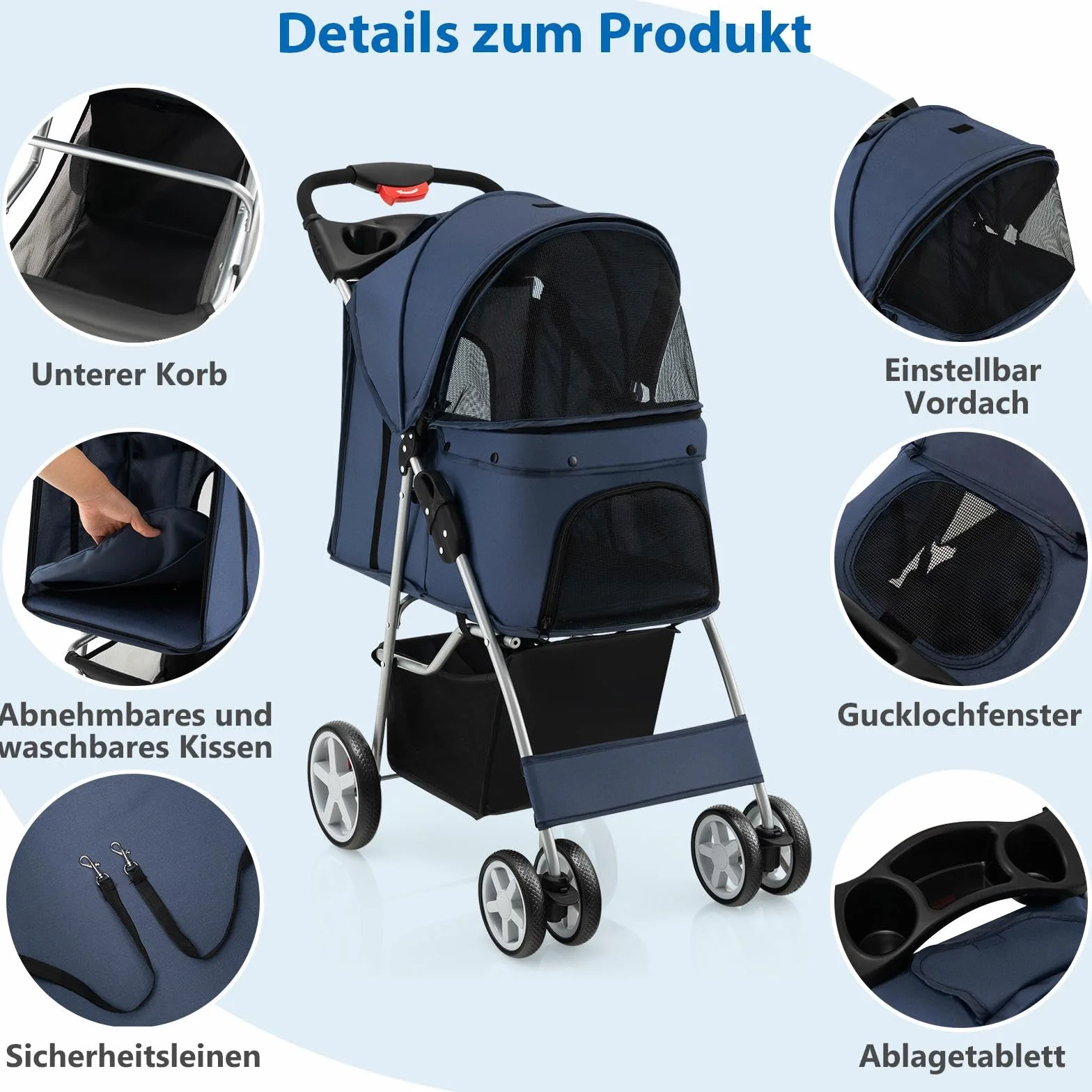 SOARS Poussette Chien Pliable 15 kg 87 x 46 x 102 cm Bleu Foncé